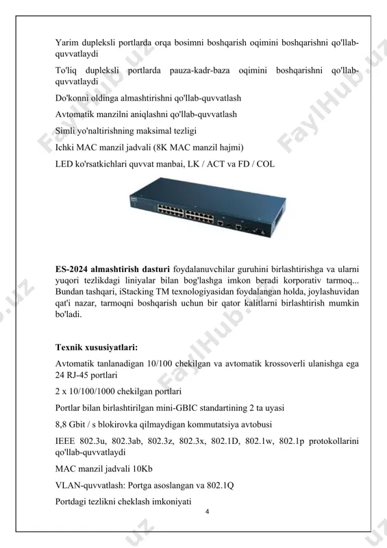 qator kalitlarni birlashtirish mumkin bo'ladi. texnik xususiyatlari: avtomatik tanlanadigan 10/100 chekilgan va avtomatik krossoverli ulanishga ega 24 rj-45 portlari 2 x 10/100/1000 chekilgan portlari portlar bilan birlashtirilgan mini-gbic standartining 2 ta uyasi 8,8 gbit / s blokirovka qilmaydigan kommutatsiya avtobusi ieee 802.3u, 802.3ab, 802.3z, 802.3x, 802.1d, 802.1w, 802.1p protokollarini qo'llab-quvvatlaydi mac manzil jadvali 10kb vlan-quvvatlash: portga asoslangan va 802.1q portdagi tezlikni cheklash imkoniyati 64 ta statik vlan va 2kbgacha bo'lgan dinamik vlan mac filtrlash bitta ip-manzil tomonidan boshqariladigan 8 kommutatorga (kelajakda 24 taga qadar) zyxel istacking ™ ni qo'llab-quvvatlaydi rs-232 va web-interfeyslarni boshqarish telnet cli snmp v2c (rfc 1213, 1493, 1643, 1757, 2647) ip nazorati: statik ip yoki dhcp mijozi ftp orqali dasturiy ta'minotni yangilash tizim konfiguratsiyasini yangilash va saqlash standart 19 dyuymli tokchalar ko'rib turganingizdek, farq va juda jiddiy narsa bor. narxlarda farq bo'lgani uchun - taxminan 100 va 450 dollar. ammo, agar birinchi kalit yaxshi, ammo "soqov" quti …