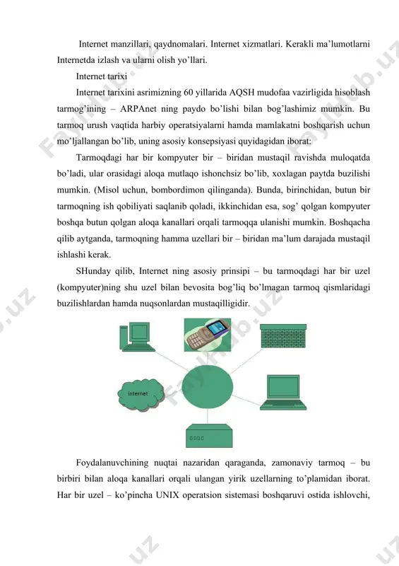 tarmoq – bu birbiri bilan aloqa kanallari orqali ulangan yirik uzellarning to’plamidan iborat. har bir uzel – ko’pincha unix operatsion sistemasi boshqaruvi ostida ishlovchi, bir yoki bir nechta qudratli server-kompyuterlardir. ko’pincha bu kompyuterlarni bosh kompyuter yoki xost kompyuter (anglizcha “xost”– xo’jayin) deb atashadi. bu uzelni uning egasi bo’lmish provayder deb ataluvchi tashkilot boshqaradi (ingl. “provide”– ta’minlamoq so’zidan olingan). ko’p hollarda alohida olingan tarmoqning nomi – bu uning provayderining nomi. provayderlar ma’lum bir turdagi xizmatlar bilan ta’minlaydilar. rossiyadagi ko’p taniqli provayderlardan biriga: glasnet ni, relkomni, demosni, sovam teleport ni kiritishimiz mumkin. chet eldagi eng yirik provayderlar bu– compuserve va amerika – online hisoblanadi. provayderlarning darajasi, ixtisosligi va boshqa omillariga qarab, kompaniyalarning xizmat turlari va xizmat xaqlari farqlanadi. shunday qilib internet ga ulanish degani bu: · modemga ega bo’lish va kompyuterga uni ulash; · provayder bilan shartnoma tuzib, u bilan telefon tarmog’i yoki alohida boshqa aloqa kanali orqali muloqot o’rnatish demakdir; bayonnomalar. …