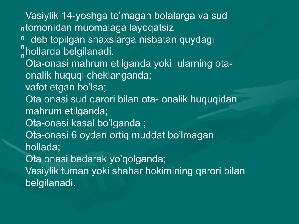 dagi shaxs voyaga yetganda homiylikdagi shaxs ota-onasiga qaytarilganda homiylikdagi shaxs nikohga kirganda kelishuvda tutingan ota-onaning asosiy majbiriyatlari sifatida quyidagilar ko’rsatilishi mumkin tutilgan bolani o’zaro yordam va hurmat asosida tarbiyalash bolaning ta’lim olishi, jismonan ruhan sog’lom o’sishi uchun sharoit yaratish bolaning huquq va manfaatlarini himoya qilish turli xayriya va otaliq yordamlar uyushtirish tutingan bola uchun sog’lomlashtirish muassasalariga bepul qo’llanmalar ajratish vasiylik va homiylik tayinlashga muhtoj bo’lgan shaxslar haqida vasiylik va homiylik organlariga malum bo’lgandan boshlab bir oydan kechiktirmasdan ularga vasiy yoki homiy tayinlanishi lozim . vasiylar o’z qaromoqlaridagi shaxslar manfaatlarini ko’zlab mustaqil yoki vasiylik vahomiylik organlarining roziligi bilan barcha zarur bitimlarni tuzadilar va ular bo’yicha javobgarlikni o’z zimmalariga oladilar. vasiy va homiy o’ziga qabul qilingan majburiyatlarni bajarganligi uchun haq olmasligi tufayli, ular o’z vasiyligidagi shaxsga taminot berishga majbur emaslar. shaxsning homiylik va vasiylik majburiyatlarini bajarishga bo’lgan qobiliyatini baholash mezonlari qonunda belgilanmagan. vasiy etib voyaga yetgan har ikki jinsdagi fuqarolar ularning roziligi …