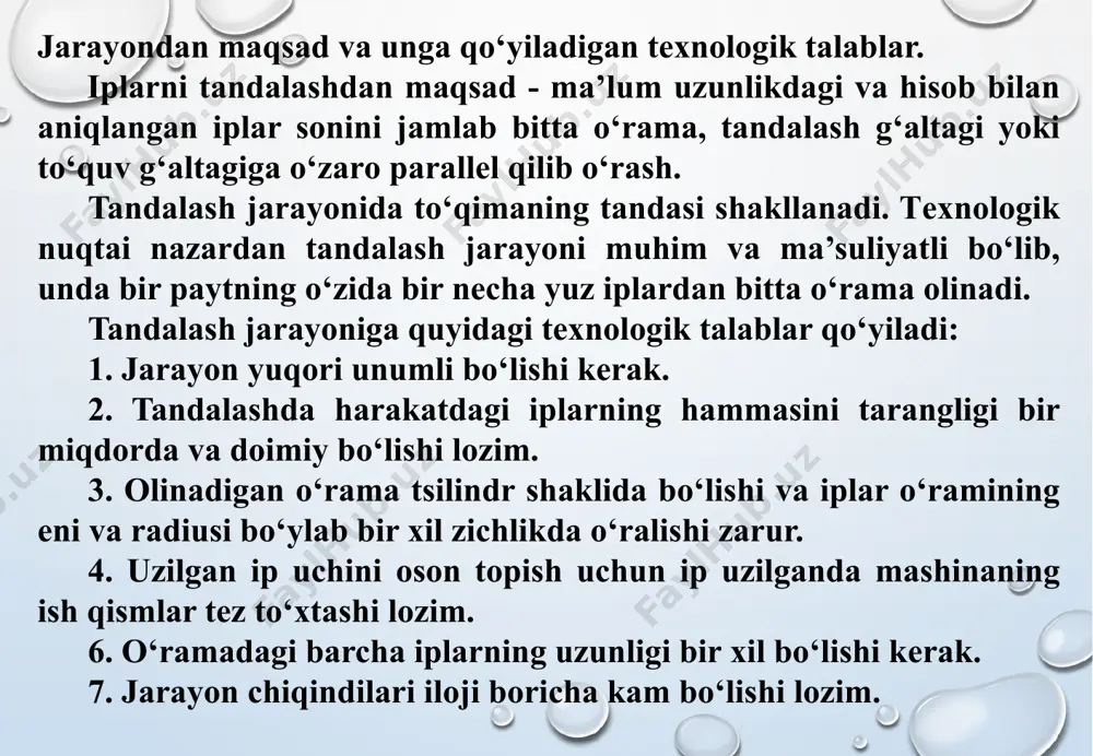 i oralig’i, sm; do’ -o’rama diametri, sm; piltalab tandalash mashinasining texnologik chizmasi. tanda iplari yo‘naltiruvchi 1,2 lar orasidan o‘tib, support tig‘i 2 va pilta tig‘i 3 tishlari orasidan o‘tib, yo‘naltiruvchi 4 lar va zichlovchi valik 5 orqali baraban 6 ga o‘raladi. barcha piltalar baraban 7 ga o‘ralganidan so‘ng yo‘naltiruvchilar 8 orqali to‘quv g‘altagi 9 ga o‘raladi. 9 tandalash romlari. tandalashda iplarning tarangligi. xamma tandalash mashinalari ikki qism - tandalashga keltirilgan o’ram (g’altak, bobina) o’rnatiluvchi tandalash romi va bevosita tandalash o’ramasini (tandalash yoki to’quv g’altagini) xosil qiluvchi mashinalardan tuzilgan bo’ladi. tandalash romlari unga o’rnatiladigan o’ramani turiga qarab g’altak tandalash romi va bobina tandalash romiga bo’linadi. odatda tandalash jarayonida g’altaklar aylanish xarakatida bo’lib, tandalash tezligiga salbiy ta'sir ko’rsatadi. ayniqsa mashinani xarakatga keltirish va to’htatish paytlarida g’altak xarakatini tezlanish (sekinlanish)ini ta'sirida ipning taranglik miqdori o’zgarib uni uzilish sonini ko’paytirishi mumkin. bunday romlar tabiiy ipak ishlab chiqarishdagi eski mashinalarda ishlatiladi. tandalash romlari tuzilishi bo’yicha …