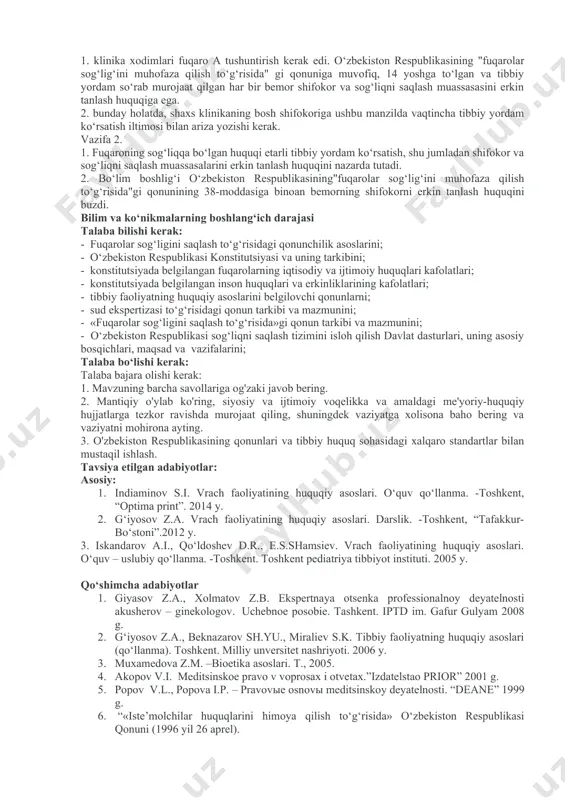 respublikasida sog‘likni saqlashning davlat, xususiy va boshka tizimlari yigindisini tashkillashtirib, yagona sistemani yaratishdan, d.o‘zbekiston respublikasida ijtimoiy kasallarga bepul tibbiy xizmatni tashkil kilish, ularni ijtimoiy ximoyalashdan, e.respublika shoshilinch tez tibbiy yordam markazini tashkil kilish, viloyatlarda filialini, tumanlarda bulimlarini yaratishdan. 4. o‘zbekiston respublikasida sog‘likni saqlash tizimidagi isloxotlarni utkazishdan maksad nima? a. joylarda malakali tibbiy yordam kursatishdan, shoshilinch tibbiy yordamni yangi tizimini yaratish, axolini sog‘lom turmush tarzini yaratish, barcha tabakadagi axolining tibbiy yordamdan baxramand bula olishi, v. axoliga sog‘lom turmush tarzini yaratish, s. bozor iktisodiyotiga moslashtirish, d. rakobatdosh tibbiy muassasalar yaratish, e. axoliga shaxsiy tibbiy muassasa xizmatini taklif etish, 5. fuqarolar sog‘likni saqlashning prinsiplaridan birini ayting. a. fuqarolar sog‘ligini yukotganda ijtimoiy ximoyalanishi, v. sog‘likni saqlash tizimida ikki pogonali tibbiy xizmat kursatishga utish, s. davlat organlari, korxonalari, muassasalar, tashkilotlar faoliyatini xuquqiy jixatdan tartibga solish, d. fuqarolarning sog‘lom turmush tarzini yaratish, e. nogironlarning tibbiy yordamdan baxramand bulishi, vaziyatli masalalar: fuqaro a. 29 yoshda, qarindoshlarini uyida …