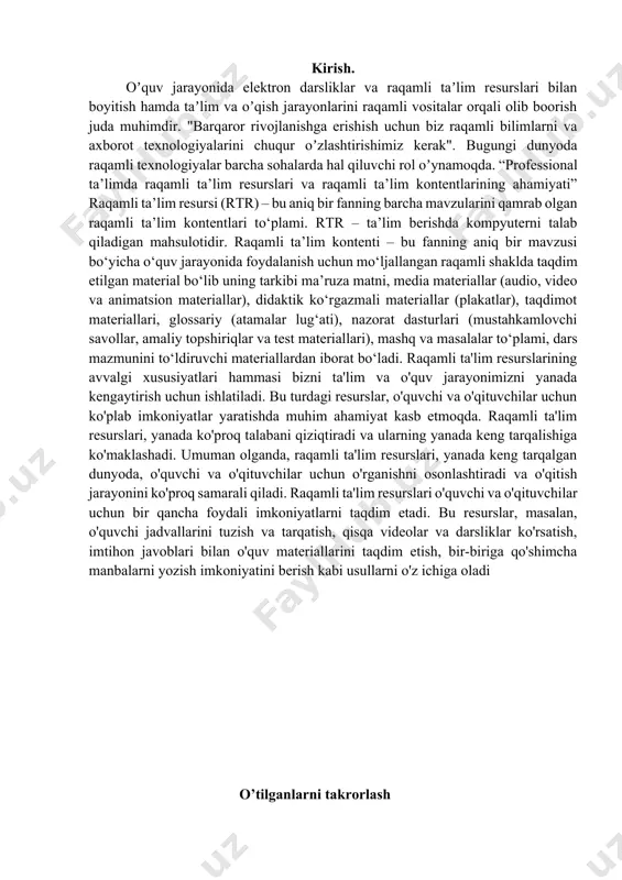 tsion texnologiyalar, umuman olganda, ta'lim sifatini va demak, ta'lim xizmatlari bozorida professional ta’lim muassasalarining raqobatbardoshligini oshiradi. so'nggi besh yil ichida o'quv jarayonini texnik va texnologik ta'minlash sezilarli darajada o'zgardi, turli darajadagi ta'lim muassasalarini rivojlantirish uchun yaxlit raqamli hududlar paydo bo'ldi: boshqaruv faoliyatini avtomatlashtirish, raqamli kutubxonani qo'llab-quvvatlash, ta'lim ishlarini ommaviy axborot vositalari bilan qo'llab-quvvatlash, o'quv jarayonida raqamli ta'lim resurslaridan (der) foydalanish, darsdan tashqari mashg'ulotlarni axborotlashtirish, o'qituvchilar va talabalarning masofaviy ish shakllarini paydo bo’lishiga sabab bo’ldi. 2.metodlar. raqamli ta‟lim muhitini shakllantirish bugungi kunda ustuvor yo'nalish sifatida ajralib turadigan va jahon ta‟lim makonida alohida o'rin tutadigan raqamli ta'limni rivojlantirish va keng joriy etish orqali hal qilinadigan strategik vazifa hisoblanadi. raqamlashtirishga hozirgi kunda aniq ta'rif berilmagan. ilmiy-tadqiqot ishlarida mualliflik ta'riflari mavjud. jamiyat rivojlanishining hozirgi bosqichida ba‟zi tadqiqotchilar va olimlar tomonidan ta‟limni axborotlashtirish raqamlashtirishning tarkibiy qismi sifatida qaralmoqda. jumladan, d.sviridenko o„z ishlarida, raqamlashtirish axborotlashtirish va kompyuterlashtirishdan keyingi bosqich bo„lib, u asosan hisoblash texnikalari, kompyuterlar va …
