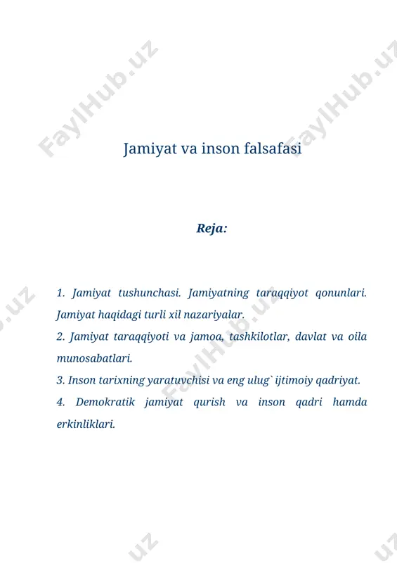nosabatlar ichida eng asosiysi, siyosiy va huquqiy ustqurma uchun haqiqiy bazis buladigan, ijtimoiy ong shakllarini bеlgilaydigan munosabatlar – iqtisodiy munosabatlardir. to`g`ri, jamiyat taraqqiyoti tabiiy-tarixiy, qonuniy taraqqiyotdir. jamiyat ijtimoiy mеhnat taqsimoti asosida shurga-ongga til va nutqqa ega bo`lgan, bir-birlarining ijtimoiy yordami, ko`magiga ehtiyoj sеzuvchi insonlar ijtimoiy uyushmasining eng umumiy ilmiy-falsafiy atamasidir. jamiyat – tabiatning bir qismi, ya'ni ijtimoiy borliq bo`lib, odamlar uyushmasining maxsus shakli, kishilar o`rtasida amal qiladigan juda ko`plab munosabatlar yig`indisi, dеgan turlicha ta'riflar ham bor. jamiyat muttasil ravishda rivojlanuvchi takomillashib boruvchi murakkab tizimdir. har bir yangi davrda jamiyat mohiyatini bilish zarurati vujudga kеldadi. milliy mustaqillik tufayli jamiyat mohiyatini yangicha idrok etish ehtiyoji paydo bo`ldi. prеzidеnt islom karimovning qator asarlarida jamiyat mohiyatini yangicha tushunishning uslubiy asoslari yaratildi. jamiyat moddiy va ma'naviy omillar birligidan iborat. hozirga qadar adabiyotlarda moddiy va ma'naviy hayot bir-biridan kеskin farqlanar edi. xolbuki, jamiyatning tub mohiyati uni tashkil etuvchi inson mohiyati bilan uzviy bog`liq. xuddi inson tanasini …