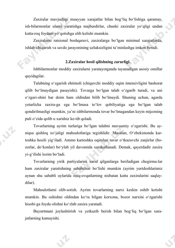 . mahsulotlarni olib-sotish. ayrim tovarlarning narxi keskin oshib ketishi mumkin. bu oshishni oldindan ko‘ra bilgan korxona, bozor narxini o‘zgarishi hisobi-ga foyda olishni ko‘zlab zaxira yaratadi. buyurtmani joylashtirish va yetkazib berish bilan bog‘liq bo‘lgan xara-jatlarning kamayishi. har bir yangi buyurtmani rasmiylashtirish va yetkazish jarayoni qator xarajat-lar bilan kuzatiladi: ma’muriy xarajatlar: yetkazib beruvchini izlash, u bilan muzokaralar olib bo-rish, xizmat safarlari, shaharlararo telefonda so‘zlashuvlar va hokazolar; buyurtmani tashishga bo‘lgan xarajatlar; bu xarajatlarni, buyurtmalar miqdorini kamaytirgan xolda, pasaytirish mum-kin. bu esa buyuriladigan partiya hajmini oshishiga, va zaxira ko‘payishiga olib ke-ladi. yetkazishlarning belgilangan grafigini buzilish ehtimoli (kiruvchi moddiy oqim intensivligini bashorat qilib bo‘lmaydigan pasayishi). bunday holda, savdo jarayoni to‘xtab qolmasligi uchun, zaxiralar zarur bo‘ladi. bu ayniqsa korxona daro-madini shakllantirishda asosiy rol o‘ynaydigan tovarlar uchun muhimdir. ishlab-chiqarishda esa, jarayonlarning rejalashtirilmagan to‘xtab qolishi, ish-lab-chiqarishning uzluksiz sikliga ega bo‘lgan korxonalar uchun ayniqsa xavflidir. mahsulot birligini ishlab-chiqarish bilan bog‘liq xarajatlarni kamayti-rish. mahsulotlarni talab paydo bo‘lgan sari kichik partiyalar …