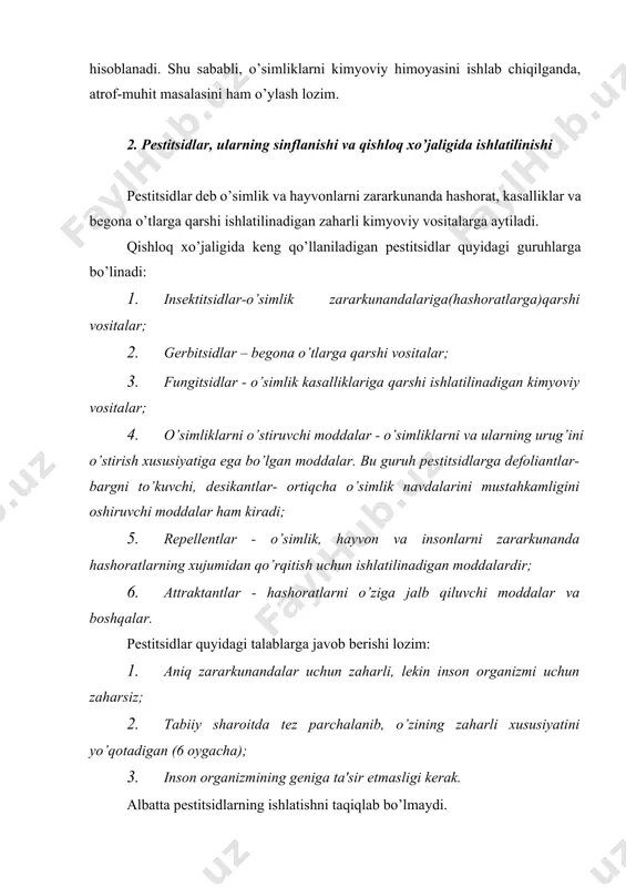 va geksaxloranni (gxsg) misol keltirish mumkin. ddt gxsg p. myuller 1948 yilda ddtni kashf qilganligi uchun nobel mukofotiga sazovor bo’lgan. bu preparatlarni olinishi oson, lekin ular sekin parchalanadi va tabiatda ayniqsa, odam va hayvon organizmida to’planib boradi. shuning uchun bu ikki preparat hozirda ishlatilmaydi. kontaktli insektitsidlar orasida piretrinlar alohida o’rin tutadi. bu moddalarning boshlangich ta'sir moddasi- piretrum moychechak o’simligidan ajratib olingan. hozirda ko’plab sintetik piretroidlar hosil qilingan. misol: fenotrin tabiiy alkaloidlar ichida nikotin va anabazin yuqori insektitsidlik xususiyatiga ega. muhim kontaktli insektitsidlar qatoriga fosfat, tiofosfat kislotaning organik hosilalari kiradi. misol uchun: metafos karbofos xlorofos dixlofos toshdauda o’simliklardan ajratib olingan tabiiy ekologik xavfsiz 5ta seskviterpen lakton asosida yaratilgan vosita termitlarga qarshi qo’llanilganda 6-10 kun ichida termitlar 96-100% gacha nobud bo’lishi aniqlangan va ushbu natijalar bo’yicha patent olingan[footnoteref:1],[footnoteref:2]. [1: ка - 9 - 012 “самарали табиий антитермит воситани олинишини янги технологияси” ] [2: № iap 05623 17.10.2013 ] gerbitsidlar va fungitsidlar.gerbitsidlar ikki …