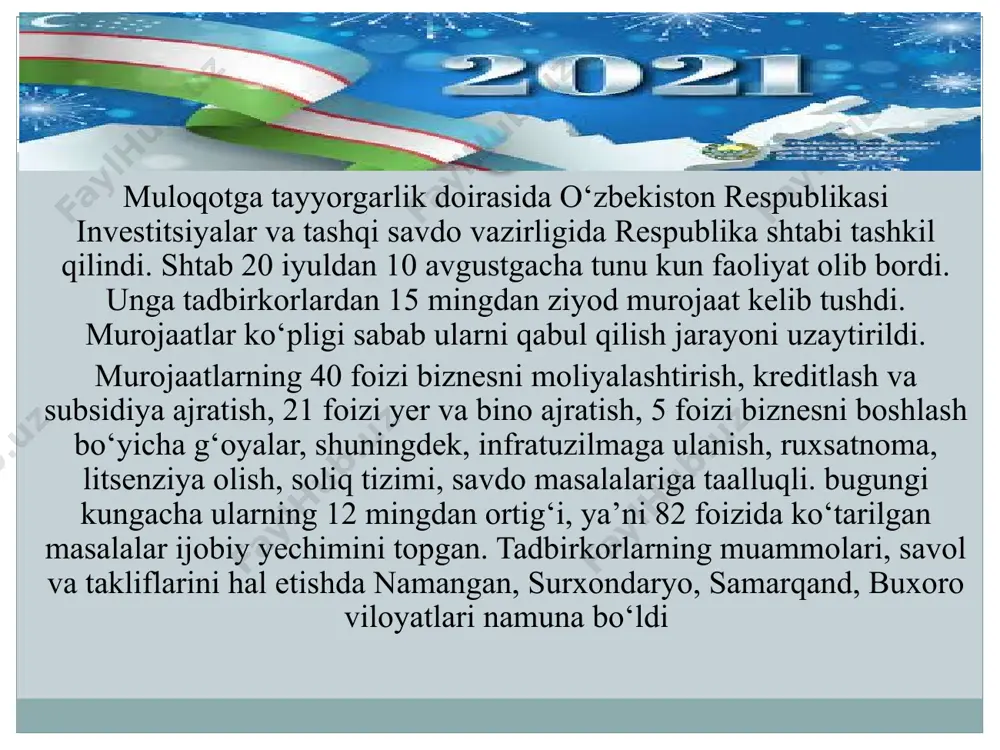 ‘rlik asosiy o‘ringa ko‘tarilganini ko‘rish mumkin. so‘nggi 4 yilda 30 yoshgacha bo‘lgan tadbirkorlar soni 5 barobar ko‘payib, ular 500 mingdan oshgani buning yaqqol dalilidir. amaliy ishlar natijasida o‘tgan 8 oy mobaynida “yoshlar daftari”ga kirgan 430 ming nafar yigit-qizning muammolarini hal etish uchun 300 milliard so‘m mablag‘ yo‘naltirildi. jumladan, “temir daftar”dagi oilalar farzandlari bo‘lgan 2 mingdan ziyod talabalarning kontrakt puli to‘lab berildi. bu yildan boshlab, ish beruvchilarga ularning 25 yoshdan oshmagan ishchi-xodimlari uchun hisoblangan ijtimoiy soliq summasini byudjetdan to‘liq qaytarib berish tartibi joriy qilindi. shuningdek, kasb-hunar maktabi va texnikumlar o‘quvchilariga korxonalarda amaliyot o‘tagan davri uchun 6 oy davomida 500 ming so‘mdan subsidiya berish joriy etilgani yoshlar va ularning ota-onalar uchun katta rag‘bat bo‘ldi. bu yil 92 mingdan ziyod o‘g‘il-qizlarning tadbirkorlik loyihalari uchun 2 trillion 300 milliard so‘m imtiyozli kreditlar ajratildi. hududlarda tashkil etilgan 186 ta yoshlar sanoat va tadbirkorlik zonalaridagi 3 mingta loyiha doirasida 50 mingta yangi ish o‘rni yaratildi. image3.png …