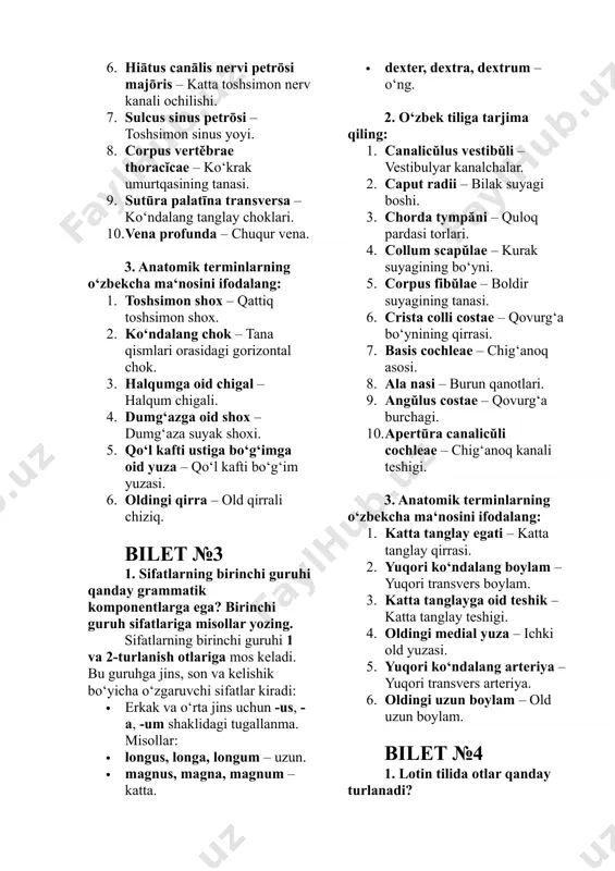 ining devori. 5. ossa crania – bosh suyaklari. 6. hiātus canālis nervi petrōsi majōris – katta toshsimon nerv kanali ochilishi. 7. sulcus sinus petrōsi – toshsimon sinus yoyi. 8. corpus vertĕbrae thoracĭcae – ko‘krak umurtqasining tanasi. 9. sutūra palatīna transversa – ko‘ndalang tanglay choklari. 10. vena profunda – chuqur vena. 3. anatomik terminlarning o‘zbekcha ma‘nosini ifodalang: 1. toshsimon shox – qattiq toshsimon shox. 2. ko‘ndalang chok – tana qismlari orasidagi gorizontal chok. 3. halqumga oid chigal – halqum chigali. 4. dumg‘azga oid shox – dumg‘aza suyak shoxi. 5. qo‘l kafti ustiga bo‘g‘imga oid yuza – qo‘l kafti bo‘g‘im yuzasi. 6. oldingi qirra – old qirrali chiziq. bilet №3 1. sifatlarning birinchi guruhi qanday grammatik komponentlarga ega? birinchi guruh sifatlariga misollar yozing. sifatlarning birinchi guruhi 1 va 2-turlanish otlariga mos keladi. bu guruhga jins, son va kelishik bo‘yicha o‘zgaruvchi sifatlar kiradi: · erkak va o‘rta jins uchun -us, -a, -um shaklidagi …