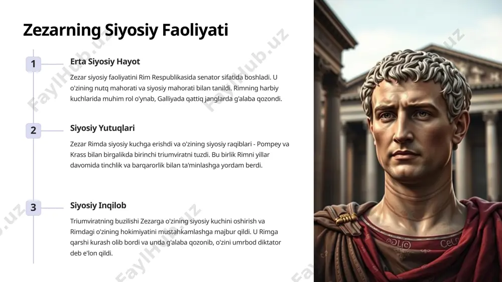 ar zezar rimning huquqiy tizimini isloh qilishga harakat qildi. u yangi qonunlar qabul qildi va adolatni ta'minlashga intildi. u shuningdek, rim fuqarolariga ko'proq huquqlar berdi. iqtisodiy islohotlar zezar rimning iqtisodiy ahvolini yaxshilash uchun bir qator choralar ko'rdi. u savdo-sotiqni rivojlantirdi, yangi infratuzilma yaratdi va rimni kengaytirish uchun moliyaviy manbalar topdi. 7 zezarning diktatorligi hokimiyatni markazlashtirish zezar o'zini rimning umrbod diktatori deb e'lon qildi va bu uning hokimiyatini mustahkamlashga va o'zining qarorlarini boshqalarga yuklashga imkon berdi. harbiy kuch zezarning harbiy kuchi rimda o'zining hukmronligini ta'minlashga va siyosiy raqiblarini bostirishga yordam berdi. u rim armiyasini nazorat qildi va ularning sodiqligi bilan ta'minlandi. qonun chiqarish zezar o'zining hukmronligi davrida ko'plab qonunlarni qabul qildi va bu qonunlar rimning siyosiy va ijtimoiy hayotini shakllantirishga yordam berdi. rimning himoyasi zezarning diktatorligi rimni tashqi dushmanlardan himoya qilishga yordam berdi. u rim armiyasini mustahkamladi va rim imperiyasini kengaytirishda davom etdi. 8 zezarning suiqasti va uning oqibatlari sabablar oqibatlar …