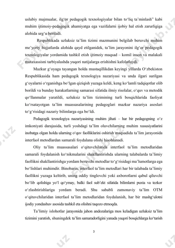 a’lumotlarga ega bo‘lishlari muhimdir. binobarin, interfaol ta’lim metodlari har bir talabada ta’limiy faollikni yuzaga keltirib, uning oddiy tinglovchi yoki axborotlarni qabul qiluvchi bo‘lib qolishiga yo‘l qo‘ymay, balki faol sub’ekt sifatida bilimlarni puxta va tezkor o‘zlashtirishlariga yordam beradi. shu sababli zamonaviy ta’lim otm o‘qituvchilaridan interfaol ta’lim metodlaridan foydalanish, har bir mashg‘ulotni ijodiy yondashuv asosida tashkil eta olishni taqozo etmoqda. ta’limiy islohotlar jarayonida jahon andozalariga mos keladigan uzluksiz ta’lim tizimini yaratish, shuningdek ta’lim samaradorligini yanada yuqori bosqichlarga ko‘tarish masalalarining ijobiy hal etilishiga erishish ta’lim tizimining asosiy yo‘nalishlaridan biridir. respublikamizning bir qator olimlari va tajribali pedagoglar tomonidan olib borilgan tadqiqotlarda fizika darslarini samarali tashkil etish bir qator vazifalarni amalga oshirishni taqazo etadi. fizika ta’limida zamonaviy texnologiyalarni joriy etish orqali ta’lim sifatini oshirish va yuksak samaralarga erishishning optimal usullarini aniqlash, ta’lim jarayoniga tadbiq etish dolzarb masala hisoblanadi. kurs ishining maqsad va vazifalari: “elastik va noelastik to’qnashuvlar” modulini o‘qitishda interfaol talim texnologiyalaridan foydalanishda innovatsion yondashuv …