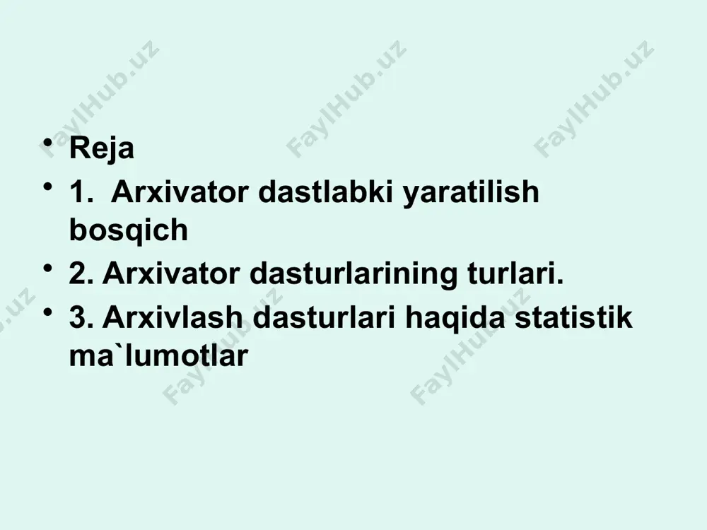 dalangan fayllar esa juda kam-1% ga yaqin siqilai. o’rtacha qilib aytganda arxivlash dasturlari fayllar hajmini 1,5-2 barobar qisqartirishga imkon beradi. arxivlash dasturlari turlari ko’p bo’lib, ular har usullarda ishlatiladi. ular qo’llaniladigan matematik usullar, arxivlash, arxivlash tezligi va eng asosiysi siqish samaradorligi bilan farq qiladi. arxivlash dasturlaridan yetarli darajada tez va yaxshi ishlaydiganlari pkzip, lharc, arj, rar va boshqalar. arxiv fayl yagona faylga faylga birlashtirilgan bir yoki bir nechta fayllarning siqilgan holdagim ko’rinishi bo’lib, undan kerakli holatlarda fayllarni kerakli ko’rinishda chiqarib olish mumkin. arxiv fayli undagi fayllar nomlarini ko’rsatuvchi mundarijaga ega bo’ladi. arxivda jo’ylashgan har bir fayl haqida ma’lumot beruvchi mundarijada quyidagilar joylashgan bo’ladi: fayl nomi; fayl joylashgan katalog; fayl o’zgartirilganligi haqida ko’rsatuvchi sana va vaqt; faylning diskdagi, arxivdagi o’lchami va parametrlari. arxivatorlar- bu shunday dasturlarki, ular yordamida bir yoki bir necha fayllarni yagona fayl – arxivga kichraytirish imkoniyati mavjud bo’ladi. fayl-arxiv - hajmi, uning tartibiga kiradigan fayllar hajmdan kichik bo’ladi. …