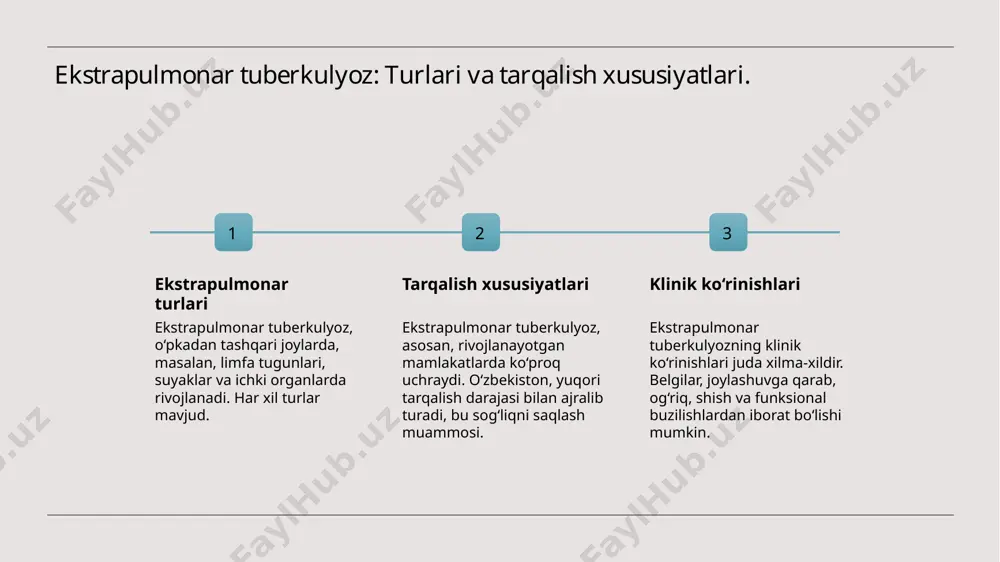 mlar bilan. 3 diagnostik muammolar ekstrapulmonar tuberkulyozni aniqlashda diagnostik muammolar mavjud, chunki simptomlar boshqa kasalliklar bilan o'xshash bo'lishi mumkin, bu esa aniqlikni qiyinlashtiradi. ekstrapulmonar tuberkulyozni aniqlashda rentgenologik usullarning roli. rentgen diagnostikasi raqamli rentgen diagnostik ahamiyati ekstrapulmonar tuberkulyozni aniqlashda rentgen diagnostikasi muhim ahamiyatga ega, chunki u ichki a'zolarni aniq ko'rsatadi va kasallikning darajasini belgilaydi. raqamli rentgen usullari tez va sifatli tasvir olish imkonini beradi, shuningdek, ma'lumotlarni saqlash va tahlil qilishni osonlashtiradi, bu esa diagnostikani yaxshilaydi. rentgenologik usullar ekstrapulmonar tuberkulyozni erta aniqlashga yordam beradi, shuningdek, bemorlarning davolanishini nazorat qilishda muhim rol o'ynaydi. rentgen tasvirlaridan foydalanish: eksperimental va klinik misollar. 1 eksperimental usullar rentgen tasvirlaridan foydalanish eksperimental tadqiqotlarda tuberkulyozning dastlabki bosqichlarini aniqlashda muhim ahamiyatga ega. 2 klinik misollar klinik amaliyotda rentgenogrammalar ekstrapulmonar tuberkulyozni aniqlashda, masalan, limfadenit yoki osteomielit holatlarini aniqlashda qo'llaniladi. 3 diagnostik imkoniyatlar rentgen tasvirlari tuberkulyozning turli ko'rinishlarini, shu jumladan, organlarning strukturasidagi o'zgarishlarni aniqlashga yordam beradi, bu esa to'g'ri davolashni ta'minlaydi. o‘zbekistonda …