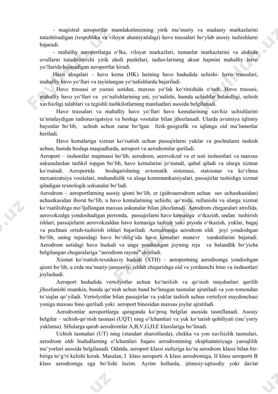 ning ko‘rgazmasi, shuningdek, ommaviy - siyosiy tadbirlar uchun; qidirish va qutqaruv - falokatga uchragan ekipaj va yo‘lovchilarni, uchish apparatlarini, dengiz va daryo kemalarini qidirib topish uchun. vazifani bajarish tumaniga qarab ham turli uchishlar bor: aerodrom (ayerouzel)li - aerodrom (ayerouzel) atrofida; trassali-rossiyaning havo trassalari va mhy bo‘ylab; marshrutli-havo trassalari va mhy dan tashqarida, aerodrom (ayerouzel) tumanidan tashqarida; maxsus-maxsus mintaqalarda va xalq xo‘jaligida. balandligi bo‘yicha quyidagi uchishlar bor: juda kam balandlik - 200 metrgacha va kam balandlik - 200 metrdan 1000 metrgacha (joy rel’efi va suv yuzasidan yuqori); o‘rta balandlik - 1000 m. dan 4000 m. gacha; katta balandlik -4000 m. dan 12000 m. gacha (dengiz sathidan boshlab); stratosfyerada - 12000 m. dan yuqori. uchish uzoqligiga qarab samolyotlar quyidagi turlarga ajratiladi: uzoq magistral - 6000 km. dan ortiq, o‘rtacha magistral - 2500-6000 km, yaqin magistral- 1000-2500 km, mhy samolyotlari - 1000 km. gacha. havo trassalari halqaro, magistral va mahalliy (mahalliy havo yo‘llarida) …