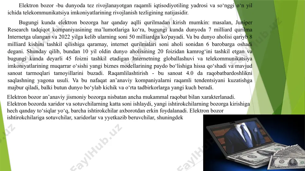 adi, ammo ular orasida liali ham farqlar mavjud. elektron biznesni biznes jarayonlariga axborot va telekommunikatsiya texnologiyalarini joriy etishga asoslangan biznes shakli deb hisoblash mumkin. elektron biznes elektron tijorat yoki elektron tijoratga qaraganda ancha keng tushunchadir. bu daromad keltiradigan iqtisodiy faoliyat deb ta’riflanishi mumkin. elektron tijorat yoki elektron tijorat - bu foyda olish maqsadida tovar va xizmatlarni sotib olish va sotish jarayonini amalga oshirishga qaratilgan operatsiyalar bilan bevosita bog‘liq bo‘lgan biznes turi. zamonaviy iqtisodiy leksikonda “elektron tijorat” (savdo) atamasi, agar u axborot va telekommunikatsiya texnologiyalaridan foydalangan holda amalga oshirilsa, biznesning har qanday sohasidagi tijorat faoliyatini anglatadi b2b-sxemasi yoki biznesdan-biznesga. b2b-sxemasida biror korxona, ya’ni yuridik shaxs ikkinchi bir korxona bilan elektron savdo-sotiqni amalga oshiradi. u bugungi kunda elektron tijoratning eng yirik hajmli, eng tez rivojlanayotgan hamda isiqbolli yo‘nalishi sanaladi. maxsus ishlab chiqilgan internet-platformalar kompaniyalarga bir-birlari bilan turli tijorat operatsiyalarini amalga oshirishlarida barcha bosqichlarda qo‘l kelmoqda. bunday platformalar ikki kompaniya o‘rtasidagi biznes-tranzaksiyalarining operativ …
