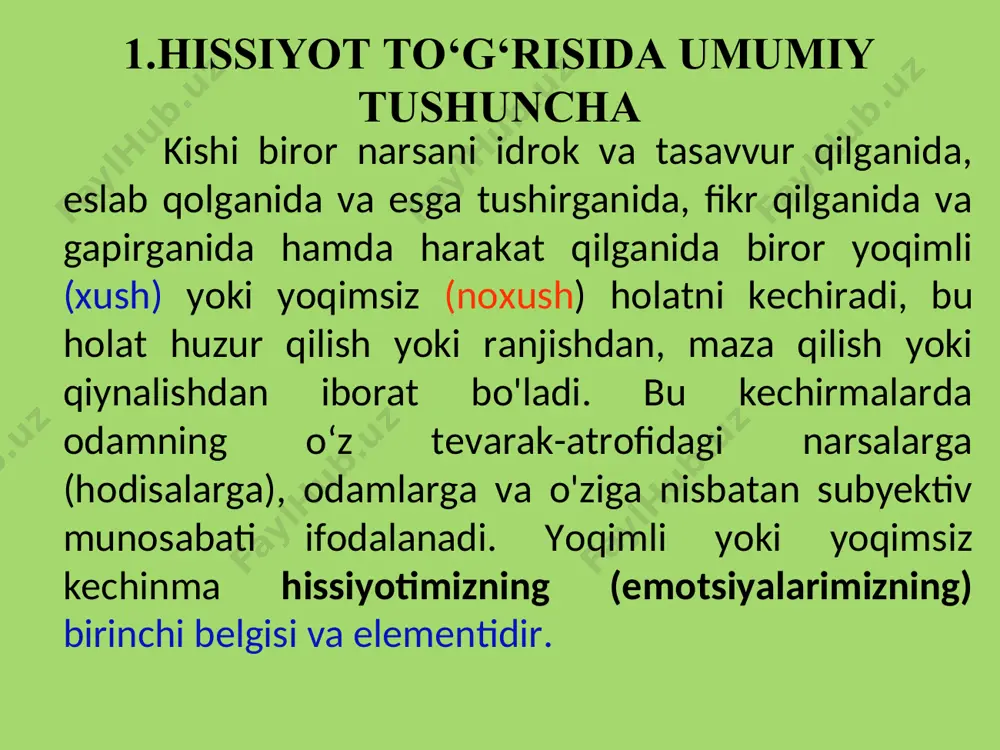 an qaraganda, bu hissiyot nima sababdan tug'ilganligiga va nimaga yo'nalganligiga qarab ijobiy yoki salbiy hissiyot bo'lishi mumkin. agar bu hissiyotlar axloq tamoyillariga to‘g‘ri kelmaydigan nojo‘ya ish qilib qo‘ygan kishiga nisbatan tug'ilgan bo'lsa, bu hissiyot ijobiy axloqiy hissiyotdir. ammo bu hissiyot biror shaxsiy norozilik sababli, masalan, majlisda qilingan haqli tanqid sababli tug'dirgan bo'lsa, bunday hissiyot o'zbek kishisiga nomunosib, past hissiyotdir. hissiyot biz idrok qilayotgan, tasavvur qilayotgan va fikr qilayotgan hodisalar va tasavvurlar, shuningdek, bizning harakatlarimiz va qiliqlarimiz ta’siri bilan tug'iladi. narsalar idrok, tasavvur va fikr qilinayotganligi uchungina bizda ayrim tuyg'ular tug'ilib qolmasdan, balki, asosan, bu narsalar bizning ehtiyojlarimiz, manfaatlarimiz bilan ma’lum bir darajada bog'langanligi uchun ham bizda turli tuyg'ular tug'diradi, biz idrok, tasavvur va fikr qilayotgan narsalar bizning ehtiyojlarimizga va manfaatlarimizga aloqasi bo'lmagan taqdirda bizda sezilarli hissiyotlar tug'ilmaydi. bunday narsalar ko'pincha e’tiborimizdan chetda qolaveradi. shunday qilib, hissiyotlarning manbalari (yoki sabablari), bir tomondan, bizning ongimizda aks etayotgan tevarak-atrofdagi voqelik bo'lsa, ikkinchi tomondan, …