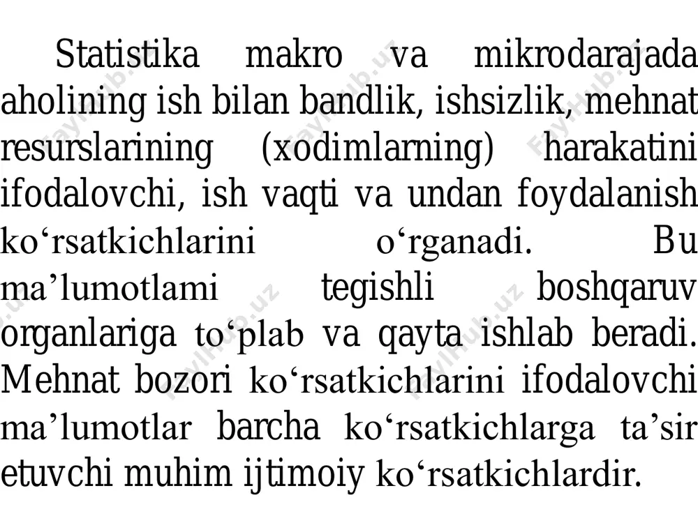 42,6 43,9 mehnat resurslari va aholi bandligi (ming kishi) soni mehnat resurslari iqtisodiy faol aholi iqtisodiyotda bandlar 2018 o`zbekiston respublikasi 18829,6 14641,7 13273,1 qoraqalpog`iston respublikasi 1064,8 779,5 705,2 viloyatlar: andijon 1733,3 1401,6 1266,8 buxoro 1077,8 887,7 810,1 jizzax 765,7 539,4 486,6 qashqadaryo 1806,8 1353,3 1222,0 navoiy 552,0 446,3 407,7 namangan 1564,2 1162,6 1051,5 samarqand 2103,4 1620,6 1463,3 surxondaryo 1442,7 1089,3 984,0 sirdaryo 480,5 390,7 354,2 toshkent 1627,2 1349,8 1227,7 farg`ona 2043,1 1606,6 1451,0 xorazm 1013,4 786,0 711,8 toshkent sh. 1554,7 1228,3 1131,2 mehnatga layoqatli yoshdagi doimiy aholi soni (yil oxiriga, ming kishi) 2016 2017 2018 o`zbekiston respublikasi 19440,8 19610,1 19791,7 qoraqalpog`iston respublikasi 1105,1 1115,9 1127,0 viloyatlar: andijon 1801,4 1813,7 1827,4 buxoro 1136,3 1144,7 1148,6 jizzax 775,2 785,0 795,1 qashqadaryo 1851,7 1875,3 1897,6 navoiy 581,0 585,1 592,4 namangan 1626,2 1640,4 1656,0 samarqand 2173,2 2194,7 2218,6 surxondaryo 1480,6 1499,3 1519,7 sirdaryo 494,2 499,5 505,8 toshkent 1711,3 1716,4 1723,0 farg`ona 2176,0 2189,8 2205,3 …