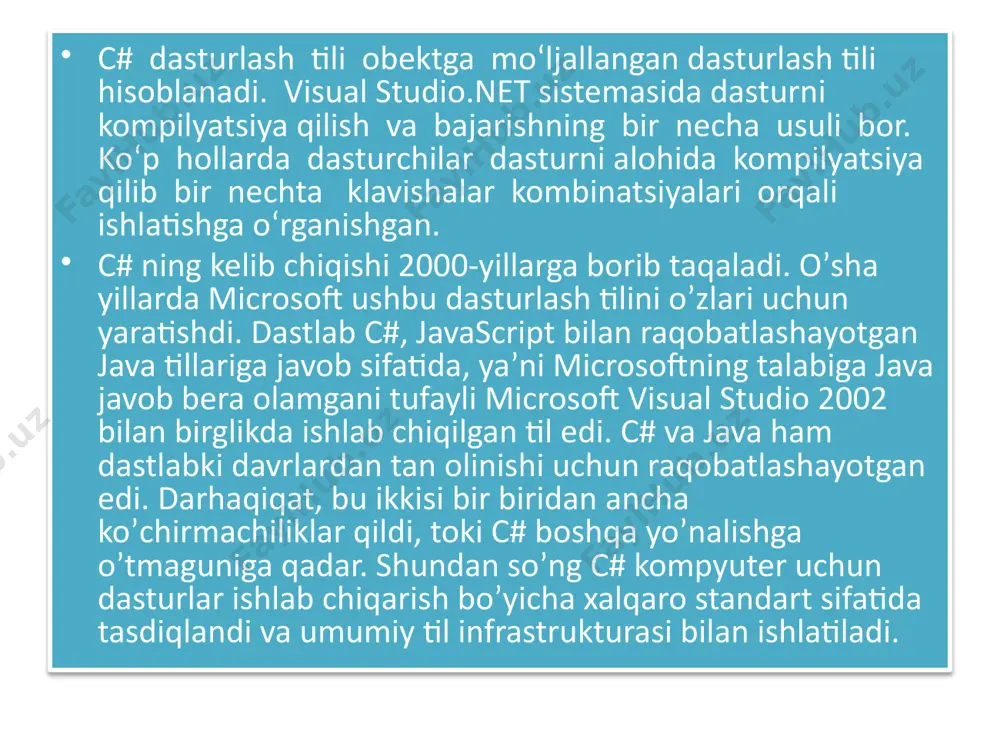 n bo’lib har bir identifikator xotiradan 8 bayt joyni egallaydi. system.uint64 tizimli tipdan olingan. mantiqiy tip bool – true(rost) yoki false(yolg’on) qiymat qabul qiladi. haqiqiy tiplarda esa float, double va decimal tiplari ishlatiladi. double - [±5.0*10-324;±1.7*10308] oraliqdagi haqiqiy sonlardan iborat to’plamni tashkil etadi. har bir identifikator hotiradan 8 bayt joyni egallaydi. system.double tizimli tipi tomonidan taqdim etiladi. o’nli formatdagi sonlarda verguldan keyingi 15-17 xona aniqligiga ega. abs(a) – berilgan sonni modulini qaytaradi. a=math.abs(b); acos – sonni arkosinusini hisoblaydi. a=math.acos(b); asin – sonni arksinusini hisoblaydi. a=math.asin(b); atan – sonni arktangensini hisoblaydi. a=math.atan(b); bigmul – berilgan butun sonlarni ko’paytmasini qaytaradi. aniqlanish sohasi int, qiymatlar sohasi long. c=bigmul(a,b); ceiling – berilgan sondan kichik bo’lmagan eng kichik butun sonni topadi. aniqlanish va qiymatlar sohasi double. cos – berilgan sonni kosinusini hisoblaydi. a=math.cos(b); sin – berilgan sonni sinusini hisoblaydi. a=math.cos(b); divrem – (a/b) ifodani butun va qoldiq qismini olib beradi. aniqlanish va qiymatlar sohasi int. …