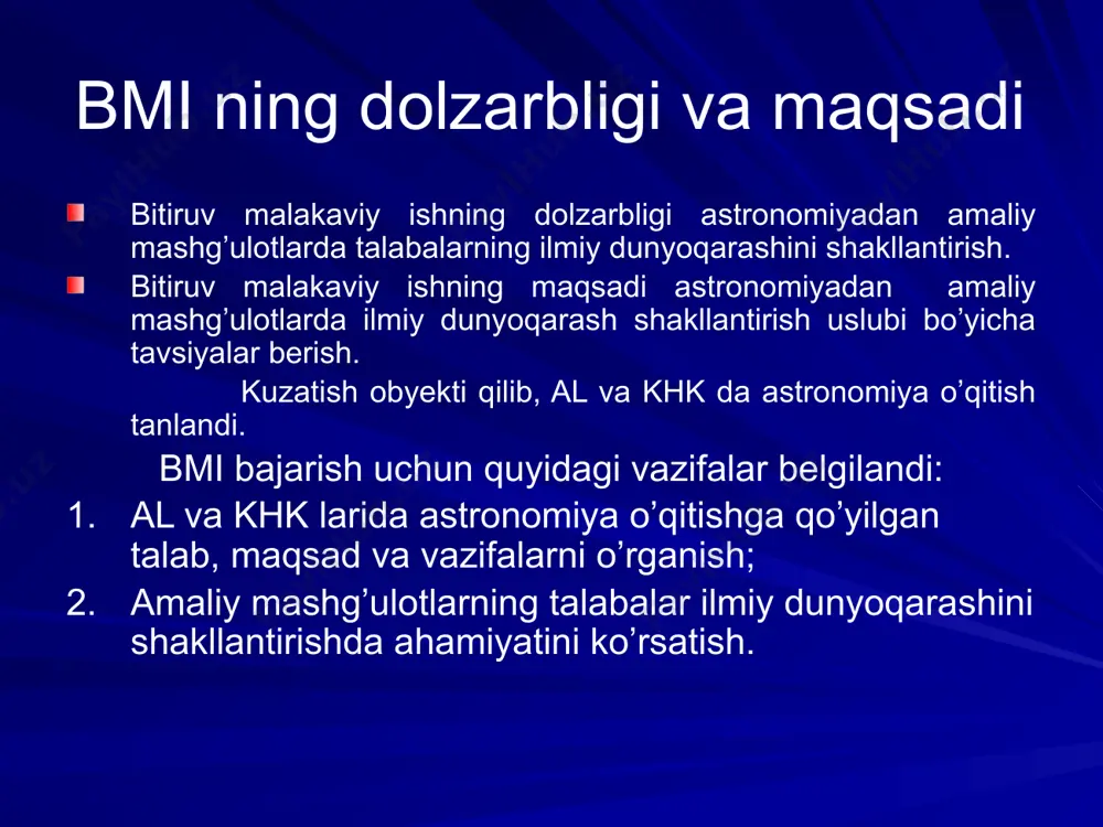 nuqtasi yil davomida o’zgaradi. yulduzlar surilma xaritasi ikki yulduz orasidagi burchakni o’lchaydigan asbob ikki yulduz orasidagi burchakni o’lchaydigan asbob xulosa astronomiyadan amaliy mashg’ulotlarda talabalarda ilmiy dunyoqarash shakllanadi; astronomiyadan masalalar yechish talabalarning fazoviy tasavvurini rivojlantiriadi; masalalar yechish darslarida talabalarda mantiqiy fikrlash qobiliyati shakllanadi; astronomiyadan amaliy kuzatish mashg’ulotlarini tashkil qilish va o’tkazish talabalarda astronomik asboblardan foydalanish malakasini shakllantiradi; astronomiyadan kuzatish mashg’ulotlarida olam tuzilishi haqida umumiy dunyoqarash shakllanadi. amaliy mashg’ulotlar talabalarda o’ziga ishonch xissini rivojlantiradi. image4.png image5.png image6.png image7.png image8.jpeg image9.jpeg image10.jpeg image11.jpeg image1.png image2.png image3.png