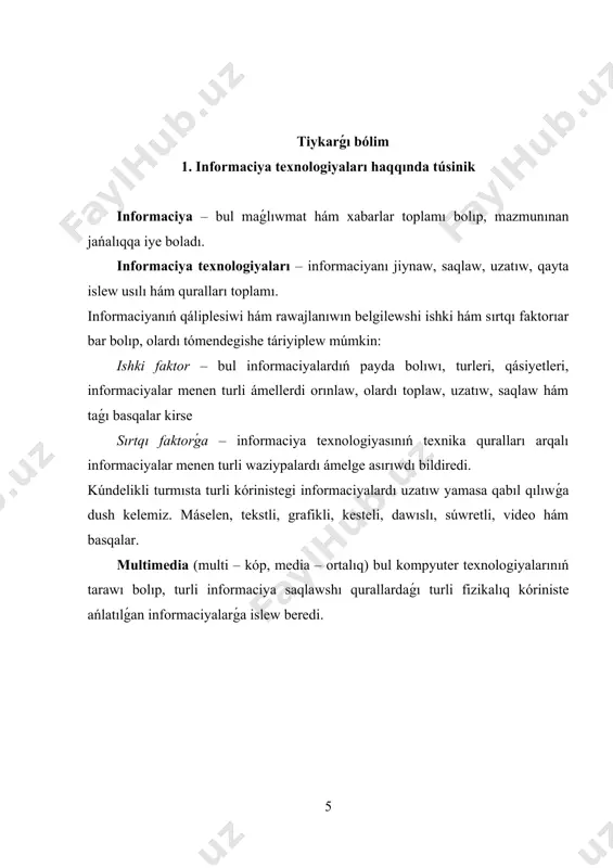 formaciyalastırıw processin 5 tiykarǵı baǵdarǵa ajıratıw múmkin: 1. miynet, texnologiyalıq hám islep shıǵarıw processi baylanısların kompleks avtomatlastırıw; 2. ilimiy ashılıwlar, konstrukciyalaw hám islep shıǵarıw informaciyalaw; 3. ekonomikalıq basqarıwdı avtomatlastırıw; 4. xalıqqa xizmet kórsetiw tarawın informaciyalaw; 5. tálim hám kadrlar tayarlaw processin avtomatlastırıw 2. fizika páninen labaratorıya hám ámeliy shınıǵıwlarda informaciya texnologiyalarınan paydalanıw fizikanı oqıtıwdıń paydalı quralı sıpatında kompyuterdi isletiw pedagogikalıq texnologiyalardıń imkaniyatların sezilerli dárejede keńeytiredi: jeke kompyuter ensiklopediyaları, interaktiv kurslar, hár turli programmalar, virtual eksperimentler hám labaratoriya jumısları talabalardıń fizikanı úyreniwge bolǵan qızıǵıwın asırıwı múmkin.fizikanı oqıtıw pániniń ózine sáykes qásiyetlerinen kelip shıǵıp, zamanagóy texnologiyalardan paydalanıw ushın jaqsı ortalıq esaplanadı.fizika sabaqlarında informaciya texnologiyaların qollawdıń tiykarǵı baǵdarlarınan biri, kompyuterde fizika labaratoriya tájiriybesin ótkeriw. fizika sabaqlarında kórgizbe eksperimentisiz bunı ámelge asırıw múmkin emes. talaba programmalıq támiynat menen islewdiń paydalılıǵı sonda, iskerliktiń bul turi izertlew hám ijodiy iskerlikti qoshametleydi hám talabalardıń bilim qızıǵıwların rawajlandıradı. programmalar haqıyqıy asbap-úskeneler járdeminde labaratoriya mashǵulatlarına tayarlıq kóriwde paydalı bolıwı …