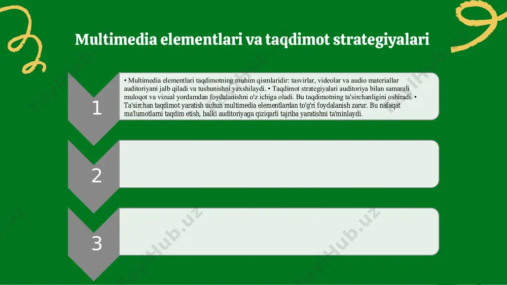 taqdimotlardan olingan misollar animatsiya effektlarini namoyish etadi. 1 2 3 xulosa multimedia elementlari taqdimotlarni ta'sirchan qiladi. ular ma'lumotlarni tushunarli va qiziqarli tarzda etkazishga yordam beradi. powerpoint dasturida multimedia va animatsiyalarni qo'llash taqdimotlarni jozibador qiladi va o'quvchilarni jalb qiladi. animatsiya effektlari o'quvchilarning e'tiborini jalb qilishda muhim. taqdimot jarayonida muhim tavsiyalar berilgan. foydalanilgan adabiyotlar 1. g'ulomov a. multimedia elementlari va taqdimot strategiyalari. o'zbekiston milliy universiteti, 2023 2. toshpulatov m. powerpoint dasturining imkoniyatlari. o'zbekiston pedagogika universiteti, 2022 3. murodov f. animatsiya effektlarining ahamiyati taqdimotlarda. o'zbekiston kompyuter texnologiyalari assotsiatsiyasi, 2021 4. xolmatov r. taqdimot boshqarish va animatsiya effektlari. o'zbekiston innovatsion ta'lim markazi, 2022 5. rahimov d. animatsiya effektlarini qo'llash usullari. o'zbekiston ta'lim vazirligi, 2023 slides carnivaldesigned by slides carnival e'tiboringiz uchun rahmat! https://www.slidescarnival.com/ https://www.slidescarnival.com/ slide 1 slide 2: reja slide 3: multimedia elementlari va taqdimot strategiyalari slide 4: powerpoint dasturining imkoniyatlari slide 5: animatsiya effektlarining ahamiyati slide 6: animatsiya effektlarini qo'llash usullari slide 7: …