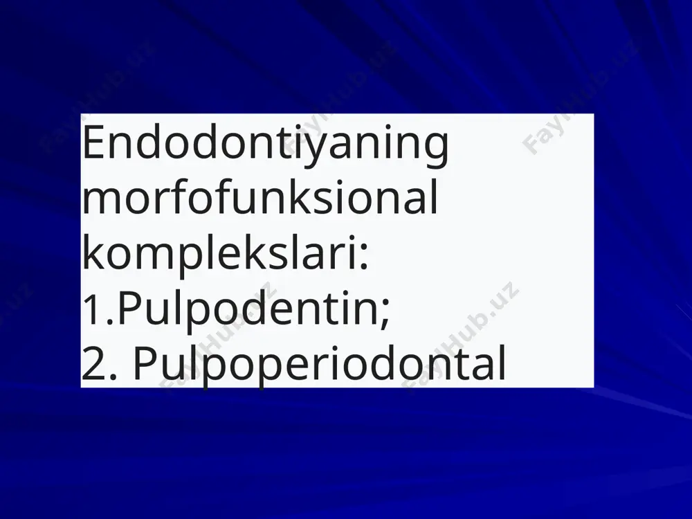markazida til bugorogi sohasida pastki jag'dagi tishlarning tish bo'shlig’i va ildiz kanallari topografiyasi. 1 premolyar uzunligi – 22 mm. вариабельность строения: 1 корень (100%) 1 канал (75%) 2 канала (20%) 3 канала (5%) дельта – 6 % доступ – центр жевательной поверхности в щечном направлении 1ildiz kanali (75%) yoki 2 kanal (20%) pastki jag'dagi tishlarning tish bo'shlig’i va ildiz kanallari topografiyasi 2 премоляр uzunligi – 22 mm. holati: 1 ildiz(97%) 2 ildiz (3%) 1 kanal (89%) 2 kanal (10%) 3 kanal (1%) kirish – chaynov yuzasi markazida lunj yo’nalishida 1 ildiz kanali (89%) pastki jag'dagi tishlarning tish bo'shlig’i va ildiz kanallari topografiyasi. 2 ildiz, 3 kanal: distal, medial-lunj va medial-til 1 molyar tish uzunligi – 22 mm. holati: 2 ildiz (98%) 3 ildiz (2%) 3 kanal (80%) 4 kanal (7%) 2 kanal (13%) kirish –chaynov yuzasi markazida medial-lunj yo’nalishda pastki jag'dagi tishlarning tish bo'shlig’i va ildiz kanallari topografiyasi 2 ildiz, …