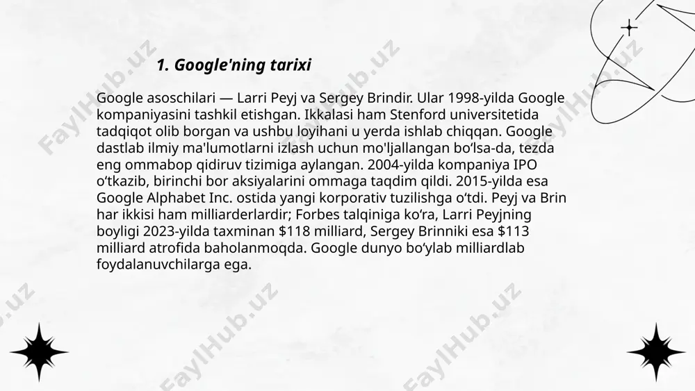 .. t.me/slaydai_bot google qidiruv natijalari bir nechta omillarga asoslangan holda foydalanuvchilarga ko'rsatiladi. 2021 yilda google 5,6 milliard so'rovni kuniga qabul qilgan va qidiruv tizimi jahon miqyosida 92% bozor ulushiga ega. google algoritmi qidiruv natijalarini 200 dan ortiq omil asosida reyting qiladi, jumladan, veb-saytning dolzarbligi, vakolati va foydalanuvchi tajribasi. qidiruv natijalari sahifasida (serp) kirish organik havolalar, reklama, mahalliy natijalar va boy snipetlardan iborat bo'lishi mumkin. 2019 yilda google orqali olib borilgan tadqiqot shuni ko'rsatdiki, foydalanuvchilarning qariyb 50% i nollik natijaga, ya'ni to'g'ridan-to'g'ri javoblarga ega natijani olgan. 2020 yilda, google’ning ai-dashtgohi bert har bir so‘rovning deyarli yarmida qo‘llanilgan. ... t.me/slaydai_bot google ads — google tomonidan taqdim etilgan onlayn reklama platformasi. 2000-yilda, adwords nomi ostida ish boshlagan. google ads yordamida reklama beruvchilar o'z e'lonlarini google qidiruv natijalari, youtube va admob kabi hamkor veb-saytlarda ko'rsatish imkoniyatiga ega. 2020-yilda google ads foydalanuvchilar soni 1,5 milliondan oshgan, va yillik daromadi 147 milliard dollarni tashkil qilgan. reklama …