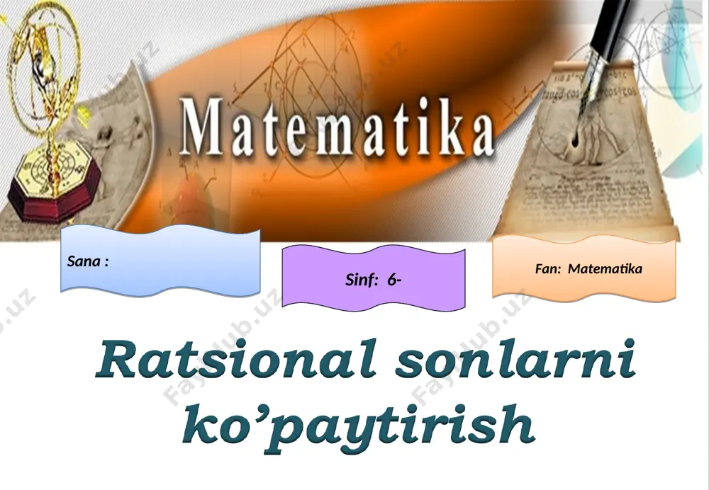 texnalogiyasi o‘qituvchi :o’quvchilarga ratsional sonlarni ko‘paytirish mavzuni tushuntirish . noldan farqli , har xil ishorali ratsional sonlar ko‘paytmasi haqida tushuncha berish iv . kutiladigan natijalar o’qituvchi : o’quvchilarga ratsional sonlarni ko‘paytirish mavzusini tushuntirish . noldan farqli , har xil ishorali ratsional sonlar ko‘paytmasi haqida tushuncha berish o’qituvchi: mavzu yuzasidan olgan bilimlari mustahkamlanadi , o’zi mustaqil fikrlay olish va matematikaviy masalalarni bajara oladi . v. kelgusi rejalar o’qituvchi :ratsional sonlarni bo’lish , ratsional sonlarni ko’paytirish qonunlari , koeffitsitent . o’xshash hadlarni ixchamlash mavzulari haqida tushuncha berish 1.tashkiliy qism 3 daqiqa 2.pedagogik iqlim yaratish oyning muhim sanalari 4 daqiqa 3.o’tilgan mavzuni so’rash va mustahkamlash 5 daqiqa ”moychechak “ usuli “omad loto “ o’yini 5 daqiqa 4.yangi mavzu bayoni 10 daqiqa 5.” svetafor “ o’yini 5 daqiqa 5. “kim chaqqon “ o’yini 5 daqiqa 6. tezkor savollarga- tezkor javob 4 daqiqa 7. darsning xulosasi 2 daqiqa 8. uyga vazifa 2 daqiqa tashkiliy qism …