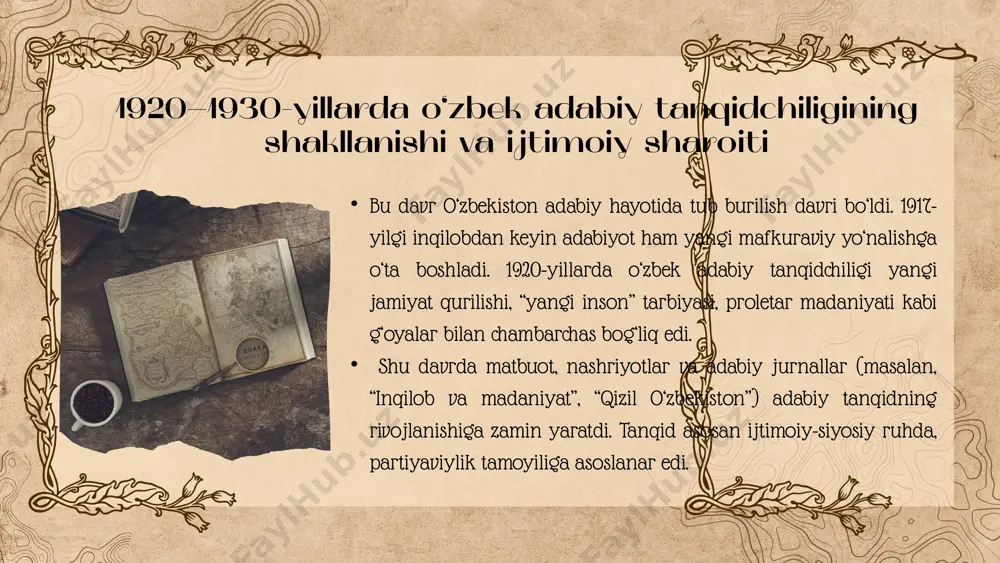 ndan — mafkuraviy tazyiqlar davri bo‘lsa, ikkinchi tomondan — milliy tanqidiy tafakkurning shakllanish poydevorini yaratgan muhim tarixiy bosqichdir. aynan shu davrda o‘zbek tanqidchiligi o‘zining ilmiy-nazariy asoslarini topdi, keyingi avlod tanqidchilari uchun yo‘l ochib berdi. bu davr merosi bugungi adabiy tanqid uchun ham bebaho ahamiyatga ega, chunki u o‘zbek adabiyotida badiiylik, milliylik va insoniylik tamoyillarining mustahkamlanishida hal qiluvchi rol o‘ynadi. thank you image9.svg image10.png image11.svg image12.png image13.svg image14.png image15.svg image1.jpeg image2.png image3.svg image4.png image5.svg image6.png image7.svg image8.png image16.jpeg image17.png image18.png image19.png /docprops/thumbnail.jpeg