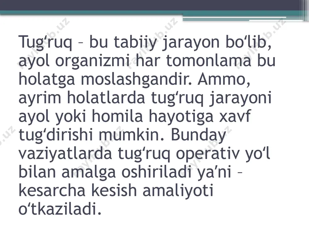 tuhumdon oʻsmalari, yoʻldoshning notoʻgʻri joylashuvi, bachadon miomasi. bachadon yorilish ehtimoli boʻlsa. bu koʻrsatma bachadon avvalgi operativ amaliyot natijasida chandiqlar qolgan holatda amalga oshiriladi, masalan avvalgi tugʻruq ham kesarcha kesish yoʻli bilan amalga oshirilgan boʻlsa keyingi tugʻruq ham jarroh yoʻli bilan amalga oshishi kerak, aks holda bachadonda qolgan chandiq yirtilishi mumkin. yoʻldoshning muddatidan avval koʻchishi. yoʻldoshning tugʻruq jarayoni boshlanishidan avval koʻchishi homilani kislorod va ozuqa moddalari yetishmasligiga sabab boʻladi. bunday holat ham kesarcha kesishga absolyut koʻrsatma hisoblanadi. bunday vaziyatda tabiiy yoʻl bilan tugʻish imkoniyati ham bor ammo homila yoki ona uchun xavf tugʻilish ehtimoli boʻladi. nisbiy koʻrsatmalarga quyidagilar kiradi: onaning koʻrish oʻtkirligida muammolar boʻlsa (tugʻruq vaqtida kuchanish koʻrish oʻtkirligiga salbiy taʼsir koʻrsatadi); buyraklar bilan bogʻ​liq muammolar; yurak-qon tomir kasalliklari; nerv tizimi bilan bogʻli muammolar; onkologik kasalliklar. yuqoridagilardan tashqari kesarcha kesishga koʻrsatma gestoz holatidir – qon oqimi va tomirlarda kuzatiladigan muammolar. homila hayotiga xavf tugʻdiruvchi holatlardan yana biri ona jinsiy yoʻllaridagi infeksiyalardir. …