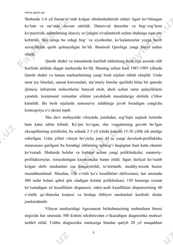 otgan bo‘lishiga qaramay, tegishli ijtimoiy infratuzilmalar yaratish e’tibordan chetda qolib ketgan edi. respublika bo‘yicha eng ko‘p, ya’ni 600 ming tonna paxta xom ashyosiyetkazib beradigan, turli tabiiy va mineral zaxiralarga nihoyatda boy katta bir viloyatning markazida talab darajasidagi zamonaviy maishiy xizmat, madaniyat va sport inshootlari, itsirohat bog‘lari, bozorlar barmok bilan sanarli edi. yangi rahbarning qat’iy pozitsiyasi, vaziyatni ijobiy tomonga o‘zgartishga qaratilgan izchil sa’y-harakatlari eng avvalo viloyatda sog‘lom ijtimoiy muhitni shakllantirish, «paxta ishi» degan soxta ayblov bilan nohaq jazoga tortilgan ming-minglab begunoh odamlarga nisbatan adolatni tiklash masalasida yaqqol namoyon bo‘ldi. viloyat rahbarining ana shunday dadil harakatlari tufayli qanchadan-qancha insonlar o‘z oilasi bag‘riga qaytdi, odamlarda umid va ishonch tuyg‘ulari paydo bo‘ldi. butun voha hayotidagi o‘zgarishlar, ishga va hayotga munosabat dastlab viloyat markazidagi yangilanishlarda ko‘zga tashlana boshladi. shaharda 3-4 yil burun to‘xtab kolgan obodonlashtirish ishlari ilgari ko‘rilmagan ko‘lam va sur’atda davom ettirildi. datsavval daraxtlar va bog‘-rog‘larni ko‘paytirish, odamlarning shaxsiy xo‘jaligini rivojlantirish uchun shaharga oqar …