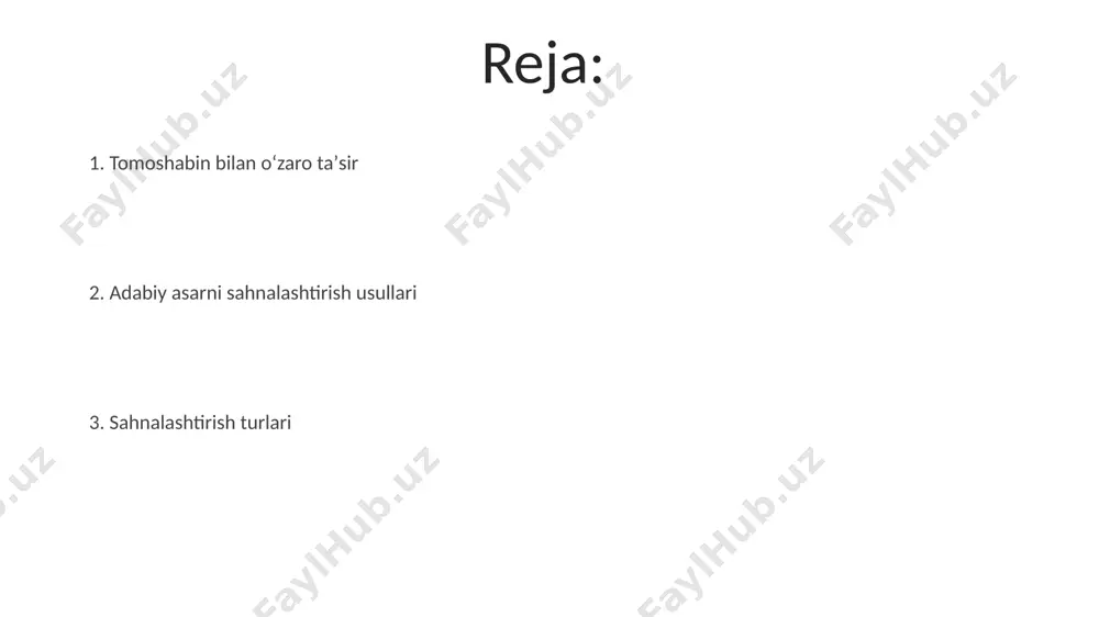 taklda 30 dan ortiq turli xil kostyumlar ishlatilishi mumkin. absürt sahnalashtirish absurd sahnalashtirishda asosiy maqsad – 2-3ta paradoksalni bir-biriga bog'lash va realistik emas, balki psixologik ta'sir o'tkazishdir, dramaturgiyada 3 aktlik tuzilmadan foydalanish kamdan-kam uchraydi. sahna dizaynida minimalizm usuli qo'llaniladi, ba'zan 2-3ta dekoratsiya elementi yoki ramziy belgilardan foydalaniladi, bu esa tomoshabinni absurdning o'ziga jalb etadi. aktyorlik mahorati va roli talqini mukammal rol talqini uchun aktyor 4 bosqichdan o'tishi kerak: matnni chuqur tahlil qilish, personajni yaratish, rejissyor bilan hamkorlik va sahnada o'z-o'zini ifoda etishning mukammal usullarini topish. rolni talqin qilishda aktyor 2 ta asosiy yondashuvdan foydalanishi mumkin: psixologik realizm yoki stilizatsiya, har bir uslub o'ziga xos aktyorlik texnikasi va ifoda vositalarini talab qiladi. sahna dizayni va dekoratsiyasi sahna dizaynida 3 o'lchamli modeldan foydalanish, 20-30 ta dekoratsiya elementini ishlatish orqali realistik yoki abstraktli atmosfera yaratish mumkin. turli materiallar (masalan, 5 xil to'qima, 2 xil yoritish vositasi) birlashtirilib, sahnaning funktsional va estetik xususiyatlarini yaxshilashga …