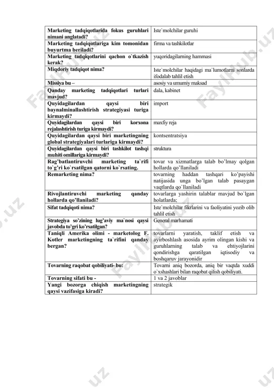 boshqarishda foydalanish marketing tadqiqotlari o`tkazishda qanday qonunbuzarlikka yo`l qo`yilishi mumkin? iste`molchi tinchligi va shaxsiy hayotiga aralashish marketing tadqiqotlari ob`yektlari: barchasi to`g’ri marketing tadqiqotlarida fokus guruhlari nimani anglatadi? iste`molchilar guruhi marketing tadqiqotlariga kim tomonidan buyurtma beriladi? firma va tashkilotlar marketing tadqiqotlarini qachon o`tkazish kerak? yuqoridagilarning hammasi miqdoriy tadqiqot nima? iste`molchilar haqidagi ma`lumotlarni sonlarda ifodalab tahlil etish missiya bu – asosiy va umumiy maksad qanday marketing tadqiqotlari turlari mavjud? dala, kabinet quyidagilardan qaysi biri baynalminallashtirish strategiyasi turiga kirmaydi? import quyidagilardan qaysi biri korxona rejalashtirish turiga kirmaydi? maxfiy reja quyidagilardan qaysi biri marketingning global strategiyalari turlariga kirmaydi? kontsentratsiya quyidagilardan qaysi biri tashkilot tashqi muhiti omillariga kirmaydi? struktura rag’batlantiruvchi marketing ta`rifi to`g’ri ko`rsatilgan qatorni ko`rsating. tovar va xizmatlarga talab bo’lmay qolgan hollarda qo’llaniladi remarketing nima? tovarning haddan tashqari ko’payishi natijasida unga bo’lgan talab pasaygan vaqtlarda qo`llaniladi rivojlantiruvchi marketing qanday hollarda qo’llaniladi? tovarlarga yashirin talablar mavjud bo`lgan holatlarda; sifat tadqiqoti nima? iste`molchilar fikrlarini va faoliyatini …