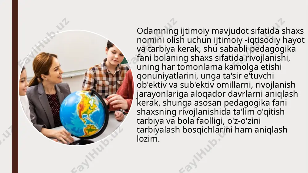 on universitetiga kirib 23 yoshida professor bo'lgan. inson kamol topishida shaxsiy faoliyatining roli. yuqorida qayd e'tilgan omillardan tashqari ijtimoiy taraqqiyoti shaxsning o'zi ham faol ishtirok etgandagina undagi tug'ma layoqat uyg'onadi, iste'dodlari, qobiliyatlari o'sadi.bu borada uning o'z ustida ishlash ham muhim ahamiyat kasb etadi. insonning to'xtovsiz izlanishi, sabr toqat bilan ko'nikma va malakasini oshirish, kishilar bilan muloqotda bo'lish va boshqa xususiyatlar ham zarur bo'ladi. umuman pedagogik jihatida to'g'ri uyushtirilgan har qanday faoliyat bola shaxsning aqliy, axloqiy. etsetik, jismoniy, irodaviy rivojlanishiga ta'sir e'tadi. bolalarning yosh davrlari xususiyatlari tavsifi. tibbiyot, bolalar anatomiyasi, fiziologiyasi, psixiologiyasi, pedagogika fanlari yutuqlari va ularning tavsiyalariga ko'ra bolaning yosh davrlarining quyidagicha guruhlashtirish qabul qilingan. foydalanilgan adabiyotlar ro’yxati 1.munavvarov a.k. pedagogika, toshkent, «o'qituvchi», 1996,236-62 b. 2.tursunov i, nishonaliev u.-pedogogika kursi: daslik, -toshkent «o'qituvchi», 1997,26-35 b. 3. gaybo'llaev n. va b. pedagogika, toshkent, 2000,-25-38 b 4. baranov s.p. va b. pedagogika, toshkent. «uktiuvchi». 1975. 26-41 b 5. savin n.v. pedagogika, toshkent, …