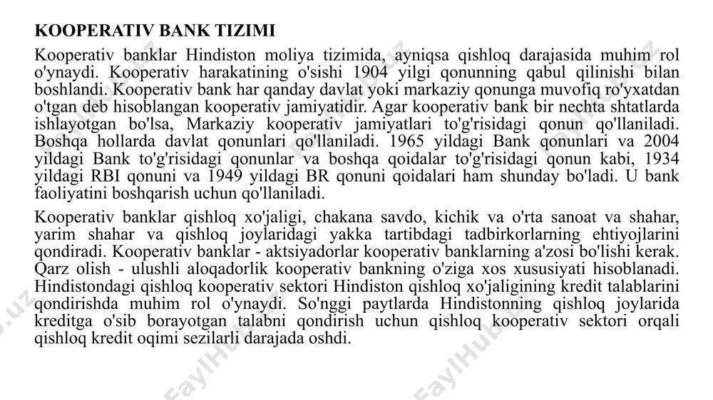 funktsional jihatdan joylashtirilgan. bu ko'pincha dccbni raqobatdosh tashvishlarni muvozanatlash holatiga qo'yadi. 30 ta davlat kooperativ banklari mavjud. ushbu banklar hindistonda 2013 yil mart holatiga ko'ra 13478 ta filialga ega bo'lgan 372 ta tuman markaziy kooperativ banklarini (dccb) qo'llab-quvvatlaydi va boshqaradi. ushbu dccblar taxminan 1,15 lak boshlang'ich qishloq xo'jaligi kooperativ jamiyatlari (pacs) orqali 35 lakdan ortiq fermerlarni moliyalashtirmoqda. 2. uzoq muddatli qishloq xo'jaligi kredit tashkilotlari. uzoq muddatli kooperativ kredit tuzilmasi davlat kooperativ qishloq xo'jaligi va qishloq xo'jaligini rivojlantirish banklaridan (kkkk) va qqdqbga qarashli birlamchi kooperativ qishloq xo'jaligi va qishloq taraqqiyot banklaridan iborat. scardb larning umumiy soni 19 ta; shundan 10 tasi federal tuzilmaga, 7 tasi unitar tuzilmaga va 2 tasi aralash tuzilishga ega. kreditlar a'zolarga o'z erlarining garovi bo'yicha, ba'zi mamlakatlarda qiymatining 50% gacha beriladi. shtatlar yoki boshqa shtatlarda to'lanishi kerak bo'lgan er daromadining 30 barobarigacha, ularning ehtiyoji va to'lov qobiliyatini hisobga olgan holda beriladi. 3.shahar kooperativ banklari. shahar kooperativ banklari …