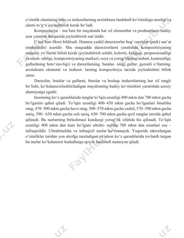 rsatsa u inson ko‘z nigohida yaxshi qabul qilinadi (yashil qizil bilan, havo rang to‘q sariq bilan). landshaft uslubida ko‘kalamzor hududlar barpo etishda atrof-muhit landshaftini tabiiy holicha saqlab qolish, ular orasida ko‘kalamzorlashtirishning har xil ish turlarini bajarish: so‘qmoq yo‘llar tashkil etish, o‘sib rivojla- nayotgan o‘simlik turlariga tabiiy suv yo‘nalishini tashkil etish, buloqlar, irmoqlar va ular atrofidagi o‘simlik dunyosini tozaligicha ush- lab turish kerak bo‘ladi. buning uchun mutaxassis joyning manzarali va o‘simlik dunyosining biologik xususiyatiga e’tibor berib borishi lozim. shuningdek, o‘simlik olamining bino va inshootlarning arxitektura landshaft ko‘rinishiga mosligi va ularni to‘g‘ri joylashtirish kerak bo‘ladi. kompozitsiya – ma’lum bir maydonda har xil elementlar va predmetlarni badiiy asar yaratish darajasida joylashtirish san’atidir. u ma’lum fikrni bildiradi. hamma yashil daraxtzorlar bog‘-saroylar (park) san’at (mahsulidir) asaridir. shu maqsadda daraxtzorlarni yaratishda kompozitsiyaning umumiy yo‘llarini bilish kerak (joylashtirish uslubi, koloriti, kelajagi, proporsionalligi va mash- tabligi, kompozitsiyaning markazi, soya va yorug‘likning nisbati, kontrastligi, gullashning beto‘xtovligi) va daraxtlarning, butalar- …