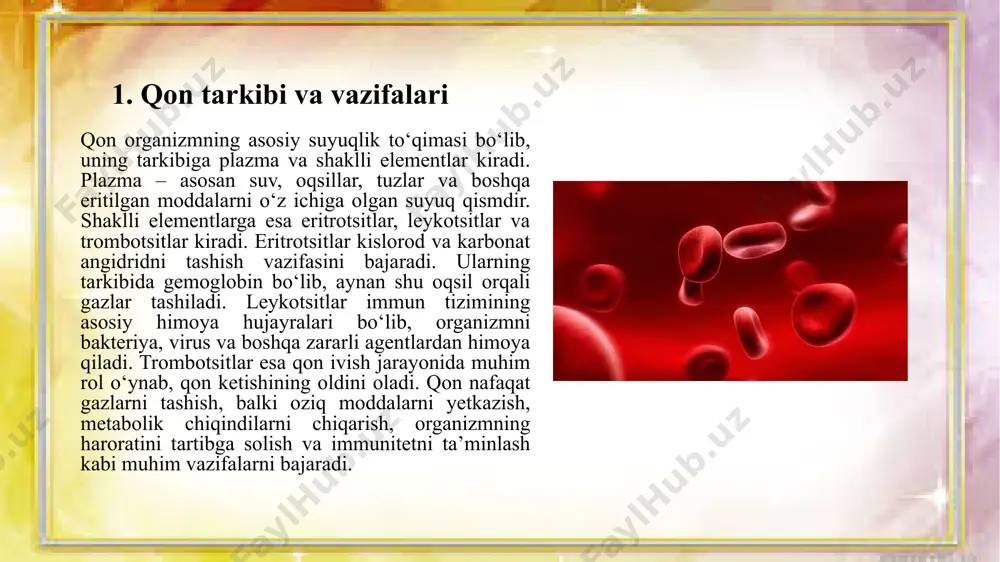 nizmni turli kasallik qo‘zg‘atuvchilardan himoya qiluvchi tabiiy tizim bo‘lib, u tug‘ma va orttirilgan turlarga bo‘linadi. tug‘ma immunitet inson tug‘ilganidan boshlab mavjud bo‘lib, organizmni bakteriya va viruslardan himoya qiluvchi umumiy mexanizmlarni o‘z ichiga oladi. bu himoya teri, shilliq pardalar, oshqozon shirasidagi kislota, yallig‘lanish reaksiyalari va fagotsitlar orqali amalga oshiriladi. orttirilgan immunitet esa hayot davomida shakllanib, tabiiy va sun’iy immunitetga ajratiladi. tabiiy immunitet kasallikni boshdan o‘tkazish yoki onadan bolaga o‘tish orqali hosil bo‘ladi. sun’iy immunitet esa vaksinatsiya yoki zardoblar yuborish orqali shakllanadi. vaksinalar organizmga zaiflashtirilgan yoki o‘ldirilgan mikroblarni kiritib, immun xotirani yaratadi. zardoblar esa kasallikka qarshi tayyor antitanachalarni organizmga kiritish orqali tezkor himoya hosil qiladi. 3. qon va immunitetning o‘zaro bog‘liqligi qon va immunitet organizmda bir-biri bilan chambarchas bog‘liq bo‘lgan ikki muhim tizim hisoblanadi. qon tarkibidagi leykotsitlar immunitetning asosiy himoya hujayralari bo‘lib, organizmni viruslar, bakteriyalar va boshqa zararli agentlardan himoya qiladi. limfotsitlar esa immunitetni shakllantirish va antitanachalar ishlab chiqarishda ishtirok etadi. immun …