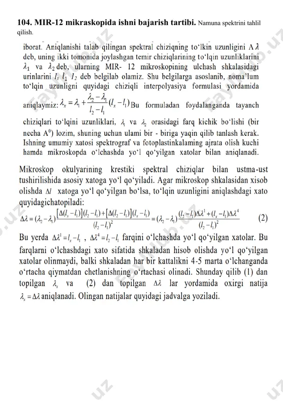 ga ega bo‘lgan isp-51 hamda shu singari boshqa spektral asboblardan foydalaniladi. spektrida 1500 dan ortiq spektral chizig‘i bo‘lgan elementlarning spektrlari murakkab hisoblanadi. 109. mikraskop yordamida sfatiy spektral tahlilni amalga oshirish. sifatiy spektral taxlilni elementning eng sezgir bo‘lgan "oxirgi" chizig‘idan foydalangan holda o‘tkazish lozim. sifatiy spektral taxlilning vazifasi chiqarish spektriga qarab namuna tarkibida qanday elementlar borligini aniqlashdan iborat. namunani to‘liq taxlil qilish uchun namuna spektrini ko‘zda tutilgan barcha elementlar spektral chiziqlari (spektral atlas) bilan solishtirib chiqish kerak, qisman taxlil chog‘ida namuna spektrida aynan ko‘zda tutilgan elementning spektral chizig‘i mavjudligini aniqlash etarlidir. 110. sl-13 stiloskopning tuzulishi. stiloskop quyidagi asosiy qismlardan tuzilgan: optik elementlar joylashgan qism , generator va elektr razryaddagi tok kuchining kattaligini o‘zgartiradigan qo‘shimcha qism, optik elementlar joylashgan qismi yoritish sistemasi, spektral tirqish, difraksion panjara, buruvchi ko‘zgular va okulyarning qalpoqchasini o‘z ichiga oladi. hamma aytilgan qismlar 1 korpusning ichiga joylashtirilgan. ikki kondensorlardan tashkil topgan yoritish sistemasi 1-kronshteyn va flansga o‘rnatilgan. kengligi …