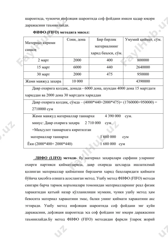 а тўғри келувчи ўртача қиймат топилади. ушбу ўртача қиймат асосида ишлаб чиқаришга сарфланган ва давр охирида мавжуд бўлган материал заҳиралари қийматини баҳолаш амалга оширилади. мисол: материал кирими санаси сони, дона бир бирлик материалнинг харид баҳоси, сўм. умумий қиймат, сўм. 2 март 2000 400 800000 15 март 6000 440 2640000 30 март 2000 475 950000 жами мавжуд заҳира 10 000 4390000 бир бирлик материалнинг ўртача қиймати = 4390000/10000= 439,00 сўм давр охирига қолдиқ, сўмда – (6000*439,00) = 2634000 сум жами мавжуд материаллар таннархи 4 390 000 сум. минус: давр охирига заҳира 2 634 000 сум. =маҳсулот таннархига киритилган материаллар таннархи 1 756 000 сум ёки (4000*439,00) 1 756 000 сум нифо (nifo) методи – бу материал заҳиралари сарфини режалаштирилган баҳолар бўйича ҳисобга олишга асосланган метод.ушбу методда ишлаб чиқаришга сарфланган материаллар режа қийматини уларнинг харид қийматларига мувофиқлаштириш учун тузатишлар қилинади. мисол: материал кирими санаси сони, дона бир бирлик материалнинг харид баҳоси, сўм. …
