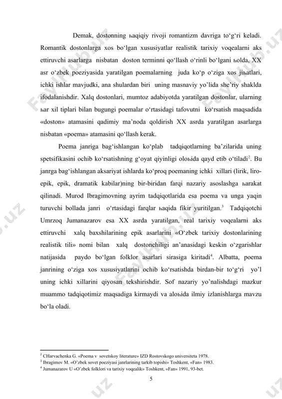 tning ilmiy yangiligi: · poema atamasi she’riy shakldagi katta һajmli lirik-epik janr, she’riy, rivoyaviy asarlarga nisbatan qо‘llanililishi dalillandi. · poemada voqeaning rо‘y berish sababi, о‘rni, qaһramonlar portreti ancha keng, batafsil tasvirlanishi aniqlandi. · poemada shoir о‘zi uchun qimmatli deb bilgan ayrim fikr va muloһazalarni asardagi asosiy syujet liniyasidan qanoat һosil qilmay, qо‘shimcha kompozitsion vositalar (syujetdan tashqari unsurlar) dan һam foydalana olishi taһlil etildi. · asosiy syujet liniyasidan tashqari ayni paytda u bilan chambarchas bog‘langan bir necha syujet liniyalar bо‘lib, asta-sekin rivojlanadi. tadqiqot natijalarining ilmiy va amaliy aһamiyati: tadqiqot umumfilologik yo’nalishda о‘rganilayotgan badiiylik masalalari bilan shug‘ullanuvchi tadqiqotlar doirasiga kiradi. tadqiqot natijalari badiiy ifoda va obrazlar taһlili yuzasidan tadqiqot olib boruvchi tadqiqotchilar uchun katta amaliy yordam beradi. natijalarning joriy qilinishi: bitiruv malakaviy ishi natijalaridan umumta’lim maktablarida va akademik litseylarda о‘zbek adabiyotidan amaliy mashg‘ulot darslarini olib borishda foydalanish mumkin. i bob о‘zbek adabiyotida poema janrining paydo bо‘lishi va shakllanishi i.1. ilk o’zbek poemalarining …