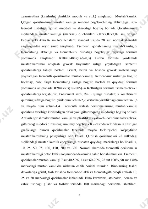 at davomida oshib borishi mumkin. tsementli qorishmalar mustah’kamligi 7 sut 40-50%, 14sut 60-70%, 28 sut 100%, 90 sut 130% markadagi mustah’kamlikka nisbatan oshib borishi mumkin. binolarning tashqi devorlariga g’isht, tosh terishda tsement-oh’akli va tsement-giltuproqli aralash 10, 25 va 50 markadagi qorishmalar ishlatiladi. bino karnizlari, stolbalari, deraza va eshik ustidagi g’isht va toshlar terishda 100 markadagi qorishma ishlatiladi. vibrog’isht panellari tayyorlashda 75, 100, 150 markadagi tsementli va shlakli tsement asosidagi qorishmalar qo’llanilad qurilish qorishmalari - bogʻlovchi aralashmalar (sement, alebastr va boshqalar) ga suv, mayda toʻldirgichlar (shagʻal, chaqiq tosh, toshqol va boshqalar) qoʻshib tayyorlanadigan qurilish materiallari. bir xil bogʻlovchi ishlatilgan qurilish qorishmalari oddiy, 2—3 xil bogʻlovchi aralashma (sement, ohak va boshqalar) ishlatilgani murakkab qurilish qorishmalari deyiladi. toʻldirgichlarning hajmiy ogʻirligiga qarab, yengil va ogʻir turlarga boʻlinadi. yengil qurilish qorishmalari uchun yengil gʻovakli materiallar (turli shlaklar, keramzit, ag-loporit va boshqalar) ishlatiladi. ogʻir qurilish qorishmalari uchun tabiiy va togʻ minerallarini maydalab olingan toʻldirgichlar ishlatiladi. ogʻir …
