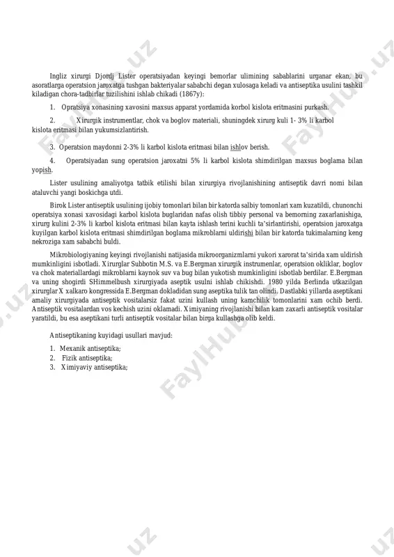 tomonlari bilan bir katorda salbiy tomonlari xam kuzatildi, chunonchi operatsiya xonasi xavosidagi karbol kislota buglaridan nafas olish tibbiy personal va bemorning zaxarlanishiga, xirurg kulini 2-3% li karbol kislota eritmasi bilan kayta ishlash terini kuchli ta’sirlantirishi, operatsion jaroxatga kuyilgan karbol kislota eritmasi shimdirilgan boglama mikroblarni uldirishi bilan bir katorda tukimalarning keng nekroziga xam sababchi buldi. mikrobiologiyaning keyingi rivojlanishi natijasida mikroorganizmlarni yukori xarorat ta’sirida xam uldirish mumkinligini isbotladi. xirurglar subbotin m.s. va e.bergman xirurgik instrumenlar, operatsion okliklar, boglov va chok materiallardagi mikroblarni kaynok suv va bug bilan yukotish mumkinligini isbotlab berdilar. e.bergman va uning shogirdi shimmelbush xirurgiyada aseptik usulni ishlab chikishdi. 1980 yilda berlinda utkazilgan xirurglar x xalkaro kongressida e.bergman dokladidan sung aseptika tulik tan olindi. dastlabki yillarda aseptikani amaliy xirurgiyada antiseptik vositalarsiz fakat uzini kullash uning kamchilik tomonlarini xam ochib berdi. antiseptik vositalardan vos kechish uzini oklamadi. ximiyaning rivojlanishi bilan kam zaxarli antiseptik vositalar yaratildi, bu esa aseptikani turli antiseptik vositalar …