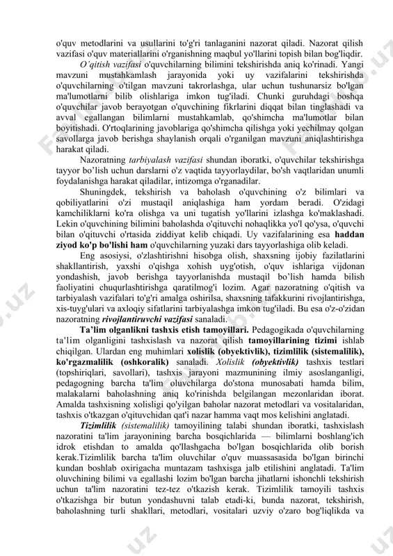 n o'lchamiga aytiladi. o'zlashtirish tabellari, sinf, guruh jurnallari, reyting daftarchalari va shu kabilarda baholar shartli belgilar, kod signallari, xotiralash belgilari va hokazolar baho ko'rinishida qayd etiladi. o'quvchining o'zlashtirish darajasini baholash uchun nazorat yakunlari (natijalari) asos bo'ladi. bunda o'quvchilar ishining ham sifat, ham miqdor ko'rsatkichlari hisobga olinadi. miqdor ko'rsatkichlari ko'proq ballar yoki foizlarda, sifat ko'rsatkichlari esa a'lo, yaxshi, qoniqarli va hokazo baholovchi fikrlar yordamida qayd etiladi. har bir baholovchi fikrga oldindan kelishilgan (belgilangan) ball, ko'rsatkich (masalan, o'rin — 1, 2, 3, 4 va hokazo) tayinlanadi. bunda baho o'lchash va hisoblashlar natijasida olinadigan son emas, balki baholovchi fikrga yuklangan ma'no ekanini unutmaslik muhim. baholarni son sifatida qo’yilishga berilib ketishning oldini olish uchun bir qator mamlakatlarda baholar harfli (a, v, s, d va hokazo) ifodaga ega. bahoni amalda egallangan bilim, ko'nikma va malakalar bilan davlat ta'lim standartiga ko'ra o'zlashtirilishi belgilangan bilim, ko'nikma va malakalar umumiy hajmi o'rtasidagi nisbat sifatida tushunish (ta'riflash)dan ta'lim darajasining …