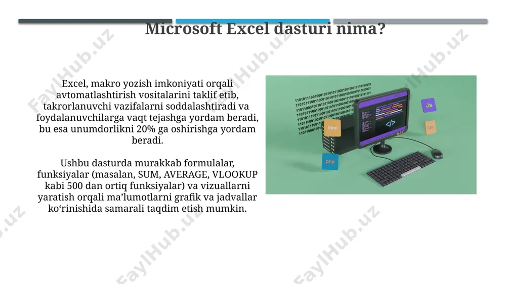 umladan, vlookup, sumif, countif kabi murakkab hisob-kitoblarni amalga oshirish mumkin. makrolar va vba vba (visual basic for applications) esa yanada kuchli va murakkab funksiyalarni qo'llab-quvvatlaydi, masalan, foydalanuvchi interfeysi elementlari bilan ishlash va ko'p sonli fayllarni qayta ishlash kabi vazifalarni 100 dan ortiq kod satrlari yordamida amalga oshirishi mumkin. makrolar foydalanuvchiga takrorlanuvchi vazifalarni avtomatlashtirishga imkon beradi va 1000 ga yaqin satrli ma'lumotlar bilan ishlashda vaqtni sezilarli darajada tejaydi, bu esa unumdorlikni oshiradi. pivot jadvallar dinamik jadvallar (pivot jadvallar) ma'lumotlar bazasidagi o'zgarishlarga moslashuvchan bo'lib, avtomatik ravishda yangilanadi va 10 mln gacha qiymatlar bilan ishlashi mumkin, bu esa vaqtni tejashga yordam beradi. pivot jadvallar yordamida foydalanuvchi filtrlash, guruhlash va saralash funksiyalari orqali ma'lumotlarni turli burchaklardan ko'rib chiqishi va 50 dan ortiq turli ko'rsatkichlarni hisoblashi mumkin. ma'lumotlarni himoya qilish "data validation" vositasi yordamida ma'lumotlarning to'g'riligini tekshirish va noto'g'ri kiritilgan ma'lumotlarni bloklash orqali ma'lumotlar bazasini himoya qilish mumkin. excelda 128 ta belgidan iborat parol yordamida …