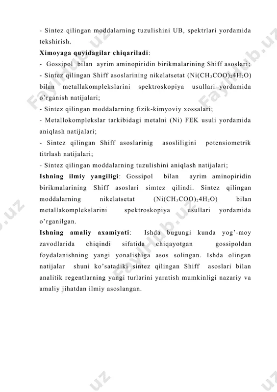 ldizida hamda boshqa tana qismlarida keng miqdorda uchraydi. gossipol eng ko’p miqdorda paxtaning ildizi hamda chigiti tarkibida uchraydi. paxtaning naviga bog’liq ravishda gossipolning miqdori 0,02% dan 6,64 % gacha uchrashi mumkin [1], lekin ko’pchilik tekshirish natijalari shuni ko’rsatdiki, ko’pchilik paxtalar tarkibidagi gossipolning miqdori asosan 0,39-1,7 % gacha bo’lishi aniqlangan. [1,12]. amerikalik olim r.adams gossipolning sutrukturasini c30h30o8 ko’rinishda belgilab, uni quyidagicha nomladi: 2,2-bi-8-formil,1,6,7-trigidroksi, 5-izopropil,3-metilnaftalin [1]. shuningdek gossipol moddasining turli xil aralashma tarkibida bo’lishini aniqlash maqsadida [2] karrut tomonidan olib borilgan ishlar amaliy ahamiyatga ega bo’ldi. u eng avvalo gossipol moddasini aniqlashni , uning kimyoviy xossalariga asoslangan holda 3 ta usulni ishlab chiqdi. lekin keyinchalik boshqa olimlar tomonidan olib borilgan ishlar natijasida bu usullar ko’paydi. bu usullarning eng asosiylari quyidagilar hisoblanadi: i.2. gossipolni ajratib olish usullari. karrutning birinchi usuli: bu usul marxlevskiy tomonidan ishlab chiqilgan usulga asoslangan bo’lib, bunda gossipol moddasi asosan gossipol sirka kislotasi (gsk) ko’rishida cho’tiriladi. buning uchun paxta chigitining …