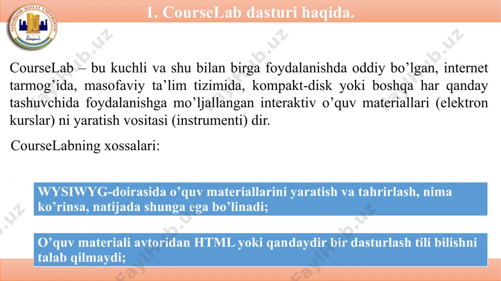 elab interfeysi. 3. courselab dasturining interfeysi, imkoniyatlari va obyektlari tasnifi. courselab yordamida yaratilgan elektron o’quv kursi tartiblangan o’quv modullari yig’indisidan iborat. o’quv materialining qurilishiga qarab modular bo’limlarga birlashishi mumkin. o’z navbatida bo’limlar ham iyerarxik ravishda kattaroq birliklarga birlashishi mumkin. o’quv moduli – kurs iyerarxiyasining asosiy birligi bo’lib, slaydlarning ketma-ketligidan iborat. ta’lim tizimi davomida o’quvchilar slayddan slaydga ketma-ket ravishda o’tib boradilar. odatda slaydlarni o’rganish muallif tomonidan belgilangan ketma-ketlikda olib boriladi, lekin testlar natijalariga qarab slaydlar ketma-ketligi o’zgarishi mumkin. ta’lim moduli ham o’qish uchun, ham olingan bilimlar nazorati uchun mo’ljallangan bo’lishi mumkin. o’quv va nazorat materiallari odatda modulda birlashtiriladi: bunda o’quv materiali yakunida o’quvchi shu modulda testdan o’tadi. 3. courselab dasturining interfeysi, imkoniyatlari va obyektlari tasnifi. 4-rasm. modullar oynasi 3. courselab dasturining interfeysi, imkoniyatlari va obyektlari tasnifi. bo’lim. courselab yordamida yaratilgan o’quv kurslari modular ularni tematik birlashtiradigan bo’limlarga birlashtirilishi mumkin. masofaviy ta’lim tizimida bo’lim odatda o’zida modul va boshqa bo’limlarni birlashtiradigan papka …
