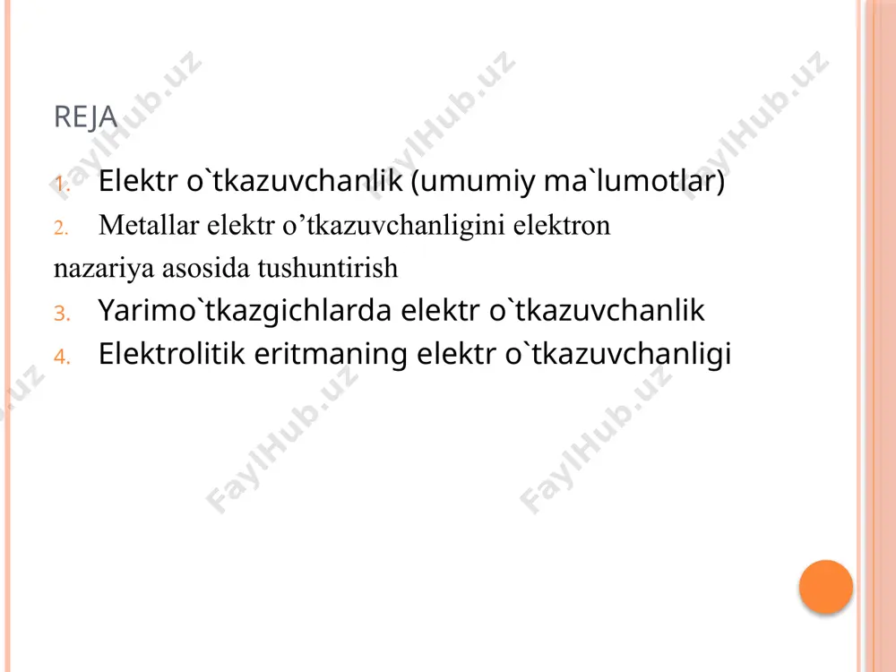 ki parallel elektrod orasiga joylashgan eritmaning elektr o’tkazuvchanligi ayni elektrolit eritmasining solishtirma elektr o’tkazuvchanligidir. solishtirma elektr o’tkazuvchanlik om-1 . sm-1 bilan ifodalanadi. bir gramm ekvivalent modda uchun hisoblangan elektr o’tkazuvchanlik o’sha moddaning ekvivalent elektr o’tkazuvchanligi deyiladi. metallarning elektr o’tkazuvchanligi harorat ortishi bilan kamayadi, harorat pasayishi bilan ortadi, nihoyat absolyut nolga yaqin haroratda metallarning elektr o’tkazuvchanligi cheksiz katta qiymatga erishadi, metall o’ta o’tkazuvchan bo’lib qoladi. hamma metallar elektrni bir hilda o’tkazavermaydi. kumush eng yaxshi o’tkazadi. vismut juda yomon o’tkazadi. kumushning 0 dagi elektr o’tkazuvchanligi 66,7.104-1 om.sm-1, misniki 64,5.104 om-1.sm-1, litiyniki 11,8.104 om-1.sm-1, berilliyniki 18.104 om-1.sm-2, alyuminiyniki 40.104 om-1.sm-1, vismutniki 0,9.104 om.sm-1. shunga asoslanib metallarni elektr o’tkazuvchanligiga ko’ra quyidagi qatorga terish mumkin. kolraush qonuni eritmalarning elektr o’tkazuvchanligi haroratga, ionlar konsentratsiyasiga, erituvchining xiliga va ionlar tezligiga bog’liq. kolraush eritmalarning elektr o’tkazuvchanligini batafsil tekshirib, ularning ekvivalent elektr o’tkazuvchanligi o’zgarmas haroratda cheksiz suyultirilgan eritmada o’lchansa, ionlar tezligigagina bog’liq ekanligini ko’rsatdi. kolraush tarkibida o’xshash ionlar bo’lgan …