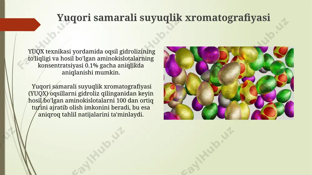 talarni aniqlash va ularning molyar nisbatlarini 10 ppm aniqlikda aniqlash mumkin. yuqori samarali suyuqlik xromatografiyasi (hplc) bilan birgalikda ishlatilganda, mass-spektrometriya oqsil gidrolizining to'liq va aniq tahlilini ta'minlaydi, shu jumladan, 50 dan ortiq turdagi aminokislotalarni aniqlash imkonini beradi. tibbiyotdagi qo'llanilishi oqsil gidrolizatlarining 10-20% li eritmalari yara shifo topishini tezlashtirish uchun, to'qimalarning regeneratsiyasini yaxshilash uchun qo'llaniladi. ba'zi aminokislotalar aralashmasi, oqsil gidrolizi orqali olingan, bolalar va kattalardagi oziq-ovqat allergiyalarida immunomodulyator sifatida ishlatiladi. hosil bo'ladigan mahsulotlar odatda, 6m hcl yordamida 24 soat davomida gidroliz qilinganda, deyarli barcha peptid bog'larining parchalanishi kuzatiladi va aminokislotalar aralashmasi hosil bo'ladi. gidrozliz jarayonida peptid bog'larining to'liq parchalangani natijasida, individual aminokislotalar va ba'zi hollarda ularning racemizatsiyalangan izomerlari hosil bo'ladi. oqsil tuzilishining ahamiyati oqsilning 3d tuzilishi, jumladan, alfa-spirallar va beta-varaqlar, kislota gidroliziga sezuvchan boʻlib, bu jarayonni oʻrganishda hisobga olinishi kerak. oqsil gidrolizining toʻliqligi aminokislotalar miqdorini aniqlashda muhim, chunki 100% gidroliz 20 ta asosiy aminokislotaning toʻliq spektrini beradi. oqsillar kislota gidrolizi nima? …