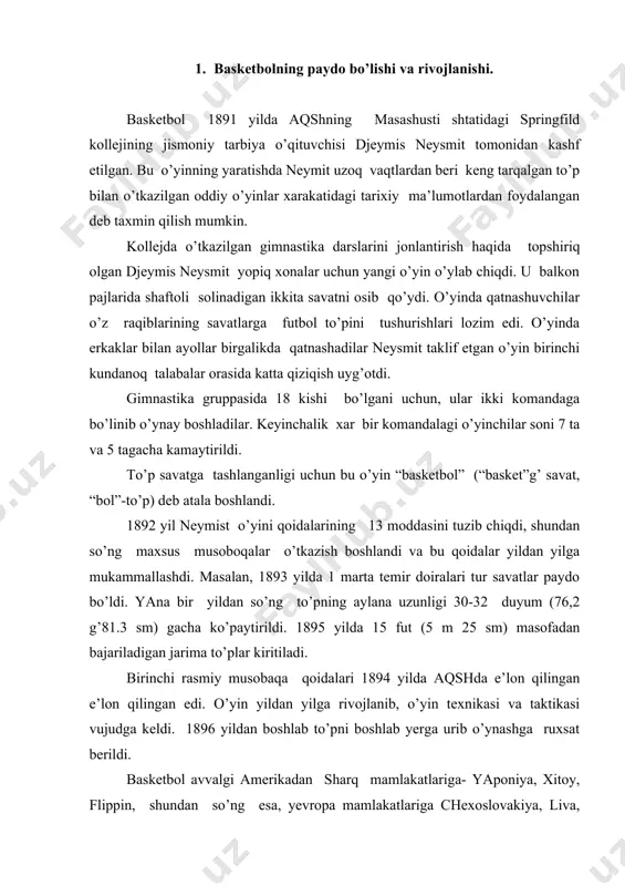so’ng esa, yevropa mamlakatlariga chexoslovakiya, liva, estoniya, latviya, italiya, fransiyaga va nihoyat, janubiy amerikaning ba’zi bir mamlakatlariga tarqaldi. 1921-31 yillarda milliy basketbol federatsiyalari tashkil qilina boshladi. dunyodagi ko’pgina mamlakatlarda basketbolning keng tarqalishi natijasida 1932 yilning 18 iyunida xalqaro basketbol federatsiyasi (fiba)ning tashkil qilinishi bu yilning rivojlanishida katta ahamiyatga ega bo’ldi. argentina, gretsiya, italiya, latviya, portugaliya, reminiya, shvesariya va chexoslovakiya mamlakatlari xalqaro basketbol federatsiyasiga birinchilar qatoriga a’zo bo’lib kirdilar. o’yin butun dunyoga keng tarqala boshladi. 1935 yilda jenevada erkaklar komandalari o’rtasida birinchi yevropa chempionati bo’lib o’tdi. bunda boltiq bo’yi mamlakatlarning komandalari ustun keldilar latviya terma komandasi birinchi bo’lib yevropa chempioni unvoniga sazovor bo’ldi. olimpiada o’yinlari dasturiga basketbol birinchi marta 1936 yil kiritildi. 11 olimpiada o’yinlarning basketbol turniriga 12 mamlakatning erkaklar komanlalari qatnashdilar. ayollar o’rtasida birinchi yevropa chempionati 1938 yil rimda bo’ldi. bunda italiya milliy komandasi g’alaba qozondi. 1948-1956 yillar xalqaro basketbol federatsiyasining boshqa xalqaro sport birlashmalarini ichida yuqori o’yinlardan birinchi egallash …