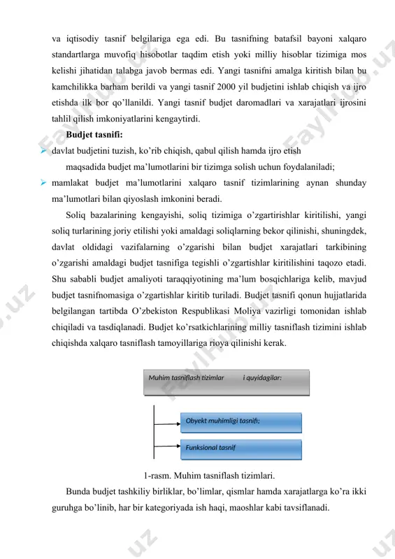 radi, masalan, ish haqiga, safar xarajatlariga qancha foiz xarajat ketishi va boshqalar. · obyekt muhimligi tasnifi safar xarajatlari, chet elga chiqish va boshqa asosiy muhim xarajatlarni o’z vaqtida moliyaviy jihatdan aniqlashga imkon beradi. kamchiliklari: · obyekt muhimligi tasnifi asosini tashkil etuvchi budjet mazmuni shundan iboratki, budjetni joylashtirishning o’zi saxiylikka olib keladi. faoliyatga bog’lanmagan boshqaruv sababli u isrofgarchilik va ortiqcha sarflarni ko’paytiradi, faoliyat ikkinchi darajaga o’tib qoladi. · obyekt muhimligi tasnifida urg’u xarajatlarda qaror qabul qilishni, qonuniylikni, tartibga amal qilishni o’zida ifodalovchi jarayon qarorlariga asoslanadi va ular doimiy audit bahosi, to’g’rilashi va puldan samarali foydalanish ahamiyatsiz bo’lib qoladi. · davlat ma’lumotlarida va dasturlarida yetarli bo’lmagan ma’lumotlar mavjud bo’ladi. dasturni boshqarish, dasturni me’yorlashtirish va resurslarni samarali joylashtirish e’tiborga olinmaydi. · har qanday ko'p nusxalik, to’liq bo’lmagan faoliyat va xarajatlarning oldini olish mushkul. · budjetni yaratuvchilar uchungina ushbu talab eng muhim hisoblanadi. uzoq muddatli samaradorlik maqsadidagi siyosat yildan yilga kechiktirib boriladi. funksional tasnif …
