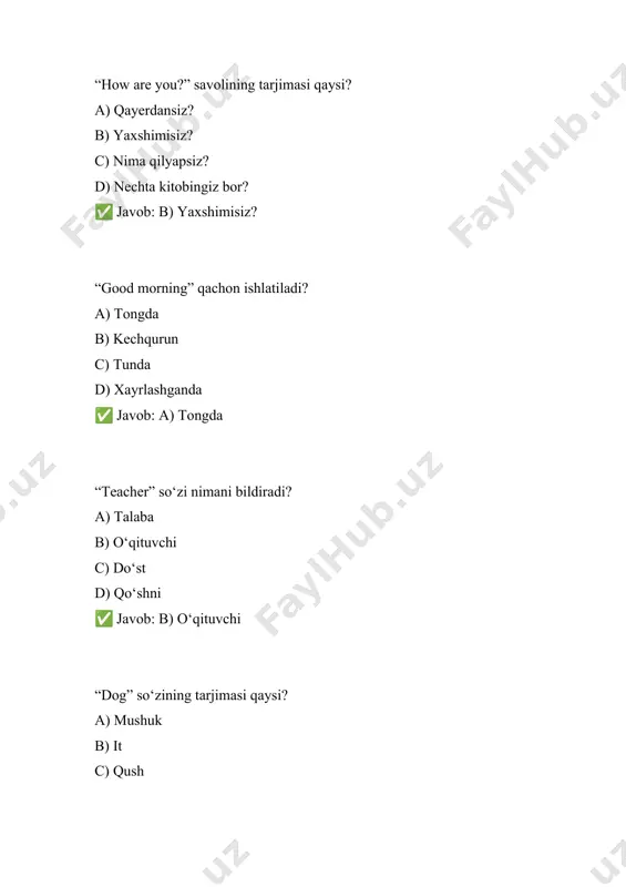 ayerda yashaysiz? b) yoshiz nechida? c) qaysi tildan gapirasiz? d) qayerga ketyapsiz? ✅ javob: b) yoshiz nechida? “mother” so‘zining tarjimasi qaysi? a) ona b) ota c) bobo d) opa ✅ javob: a) ona “i can swim” jumlasi qanday tarjima qilinadi? a) men chopaman b) men suza olaman c) men raqs tushaman d) men o‘qiyman ✅ javob: b) men suza olaman “where do you live?” savolining tarjimasi: a) siz qayerda ishlaysiz? b) siz qayerda yashaysiz? c) siz kim bilan yashaysiz? d) siz kimni taniysiz? ✅ javob: b) siz qayerda yashaysiz? 21–40: oddiy grammatik qoidalar “she ___ a teacher.” to‘g‘ri variantni tanlang. a) am b) is c) are d) be ✅ javob: b) is “they ___ students.” a) am b) is c) are d) be ✅ javob: c) are “i ___ from uzbekistan.” a) is b) am c) are d) be ✅ javob: b) am “___ you from tashkent?” a) is b) …