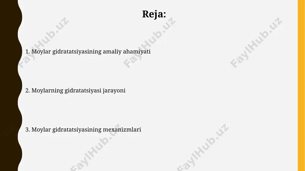 oylarning gidratatsiyasi sanoatda qo'llanilishi gidratlangan moylar, xususan, toshkentdagi neftni qayta ishlash zavodlarida, yuqori sifatli moylash materiallari va kosmetik vositalar ishlab chiqarishda muhim ahamiyatga ega bo'lib, 20% gacha chiqindilarni kamaytiradi. qoraqalpog'iston respublikasidagi neft-kimyo kombinatlarida moylarning gidratatsiyasi orqali olingan mahsulotlar, turli xil sintetik materiallar, masalan, polimerlar ishlab chiqarishda ishlatilib, yil sayin 10% ga mahsulot hajmini oshirishga yordam beradi. moylarning gidratatsiyasi: kirish moylarning gidratatsiyasi natijasida hosil bo'lgan gidratlangan mahsulotning yopishqoqligi 2-3 baravar ortadi, bu esa uning texnik xususiyatlarini, xususan, 1000-2000 pa·s diapazonida yopishqoqlikni o'zgartiradi. moylarning gidratatsiyasi jarayoni, 25-35°c harorat oralig'ida eng samarali bo'lib, suv molekulalarining polimer zanjiri bo'ylab tarqalishi natijasida 10-15% gacha hajmiy o'sish kuzatiladi. gidratatsiya jarayoniga ta'sir etuvchi omillar moyning kimyoviy tuzilishi va uning molekulyar og'irligi (masalan, 200-500 g/mol oralig'ida) gidratatsiya jarayonining tezligi va to'liqligiga sezilarli darajada ta'sir qiladi, bu esa samarqanddagi o'rganishlarda tasdiqlangan. moylar gidratatsiyasi jarayoniga suvning harorati sezilarli ta'sir ko'rsatadi: 20°c da reaksiya tezligi 40°c ga nisbatan ancha sekinroq bo'ladi, …